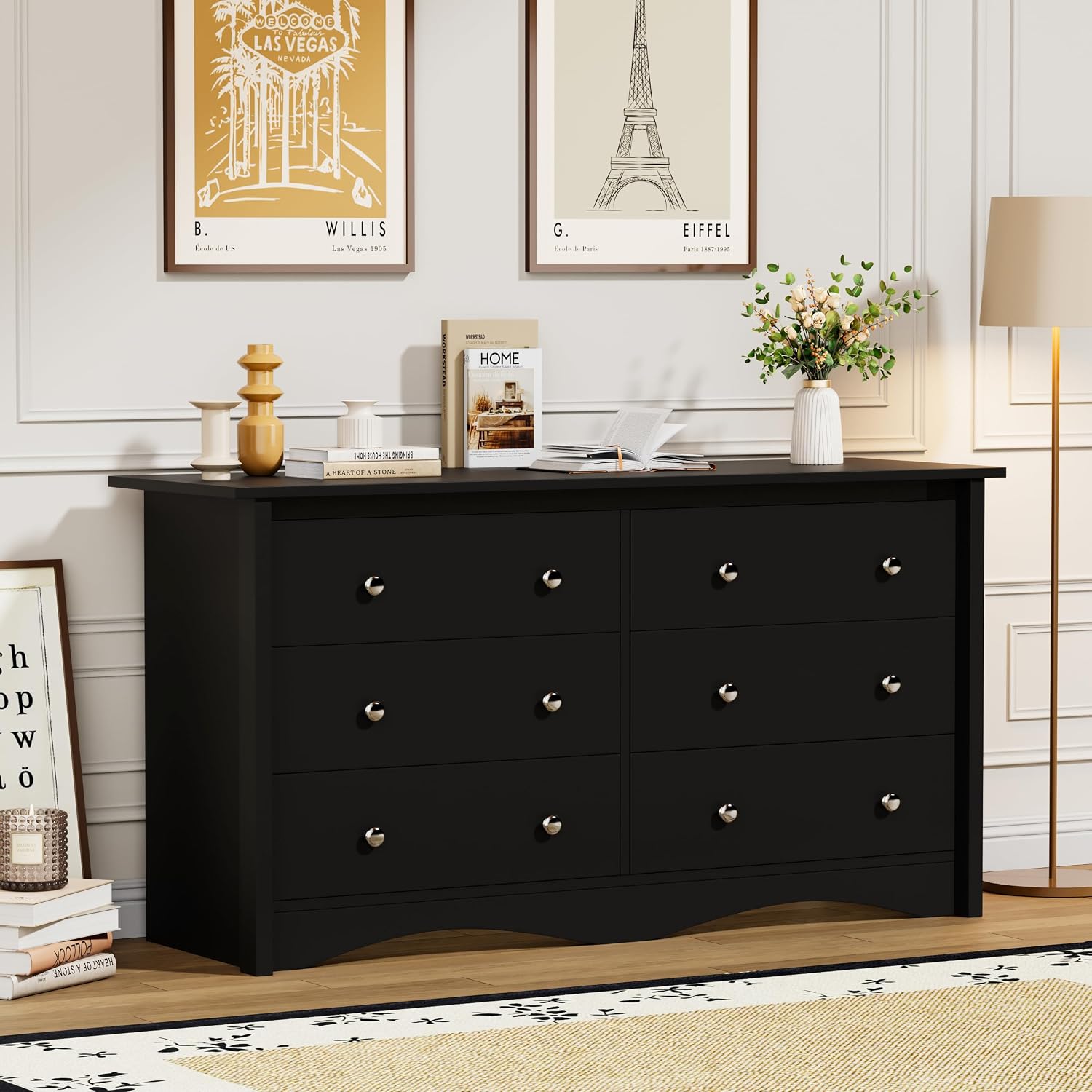 Flamaker Dresser for Bedroom, 6 Drawer Dresser, 47.2'' Wood Dressers, Wide Chest of Drawer, Storage Drawers, Storage Organizer for Closet, Hallway (Black)