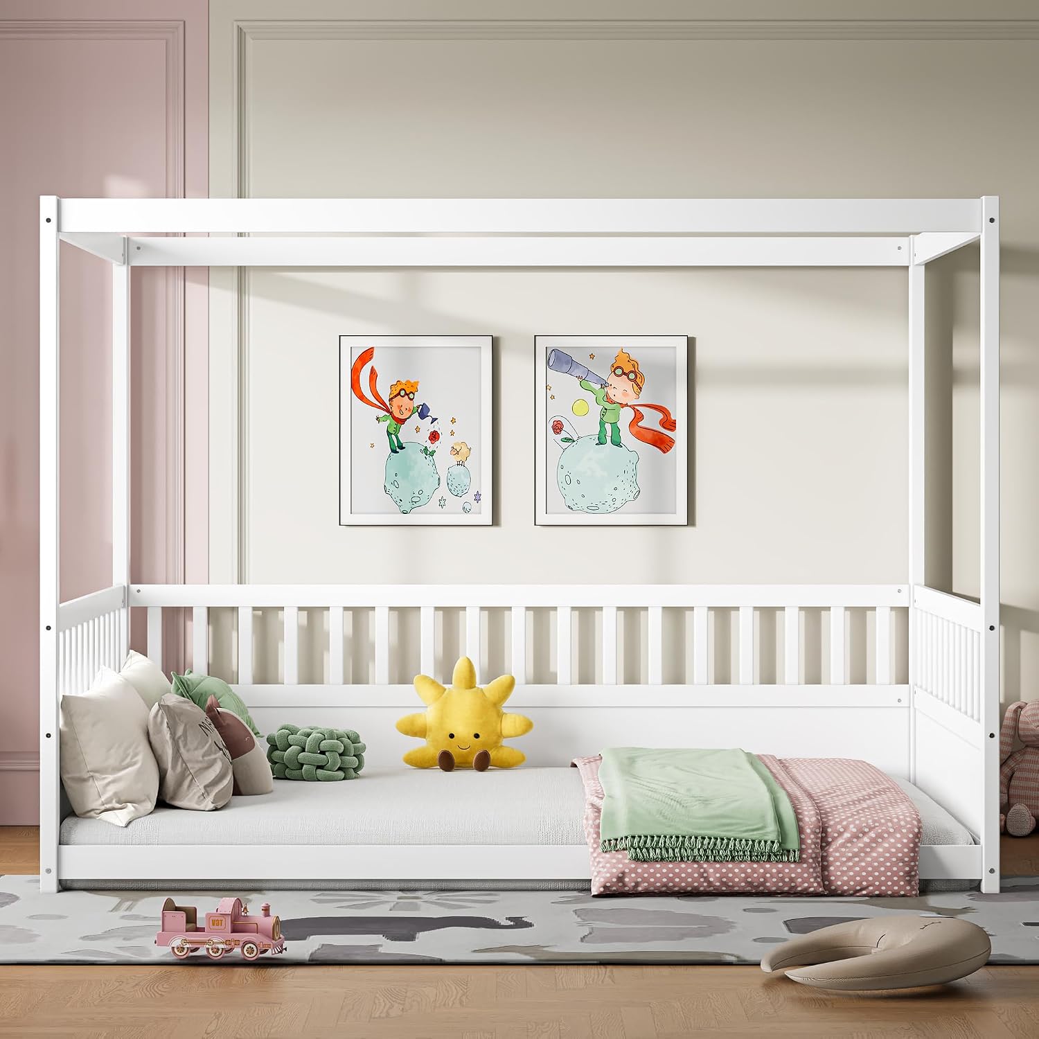 Full Size Canopy Bed Frame with Guardrails,Floor Bed Full with Four Poster Design,Montessori Floor Bed,Wood Canopy Bed Frame for Girls,Boys(Full,White)