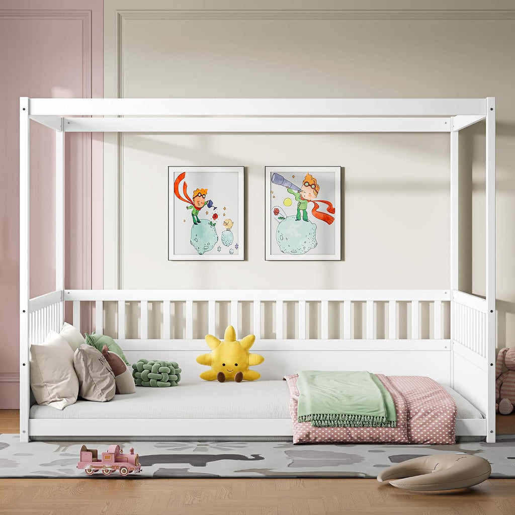 Full Size Canopy Bed Frame with Guardrails,Floor Bed Full with Four Poster Design,Montessori Floor Bed,Wood Canopy Bed Frame for Girls,Boys(Full,White)