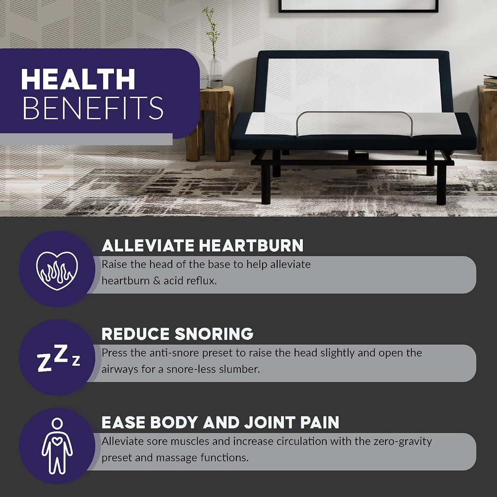 Blissful Nights e4 Full Size Adjustable Bed Base Frame with Massage, Anti-Snore, Zero Gravity, Dual USB Charging Station, Under Bed Nightlight, Wireless Remote Head and Foot Incline