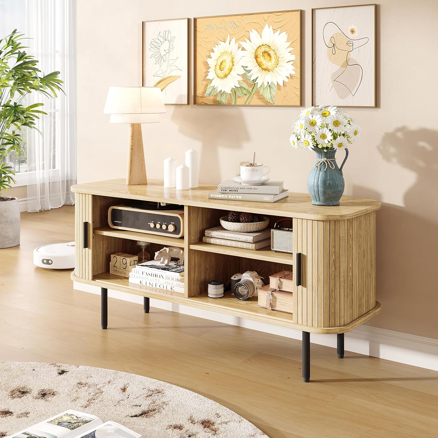 FiveWillowise 47' Natural Fluted TV Stand for TVs up to 60 Inch, Gaming Entertainment Center with Tambour Slatted Sliding Doors and Storage Cabinet, Media TV Consoles Table for Living Room, Office