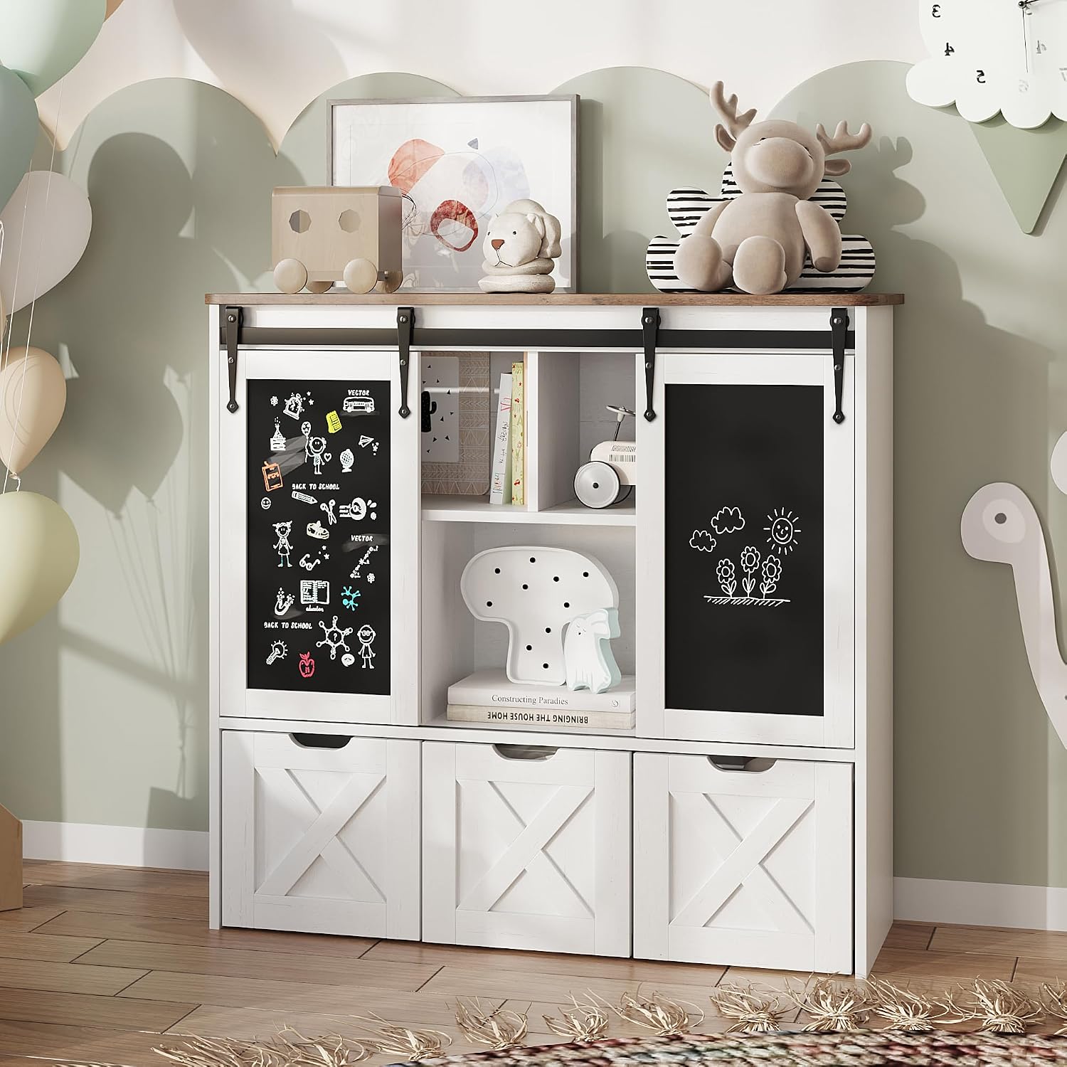 Vabches Toy Storage Organizer with Sliding Chalkboard, Kids Bookshelf and Bookcase with 3 Movable Drawers & 5 Storage Cubbies, Multifunctional Storage Cabinet Toy Chest for Playroom,Nursery, Kids Room