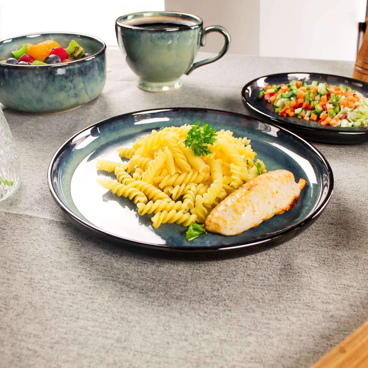 Ceramic Dinnerware (16 pcs) Serve 4 people, Plates and Bowls Sets,Handmade Reactive Glaze Dishes Set,Chip Resistant and Scratch Resistant,Dishwasher, Microwave Safe