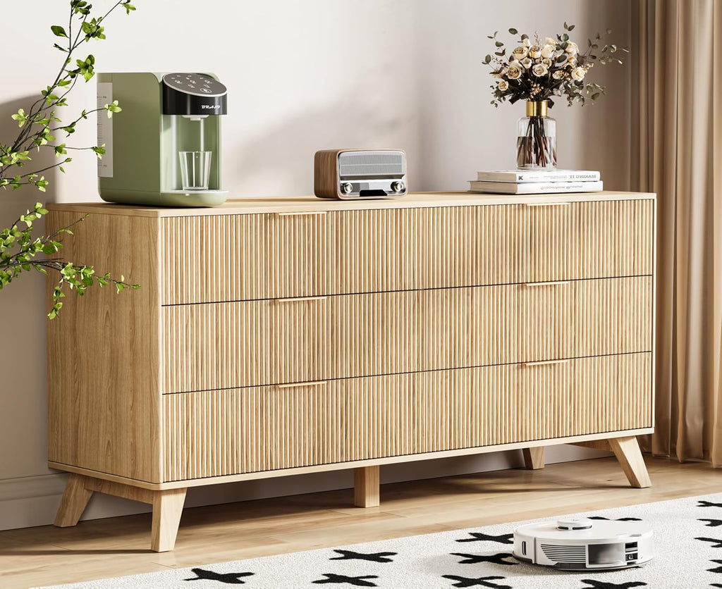 Fluted Dresser with 6 Drawers, 53.43 Inch Wood Double Dresser with Metal Handles Curved Design Wide Storage Organizer Cabinet Modern Chest Dressers for Bedroom Living Room Hallway(Oak)