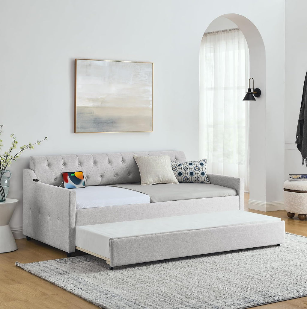 Ball & Cast Twin Size Daybed with Pop Up Trundle, Button Tufted Linen Sofa Day Bed Frame with USB Port,Twin to King Trundle Bed for Bedroom, Living Room, No Box Spring Needed,Beige