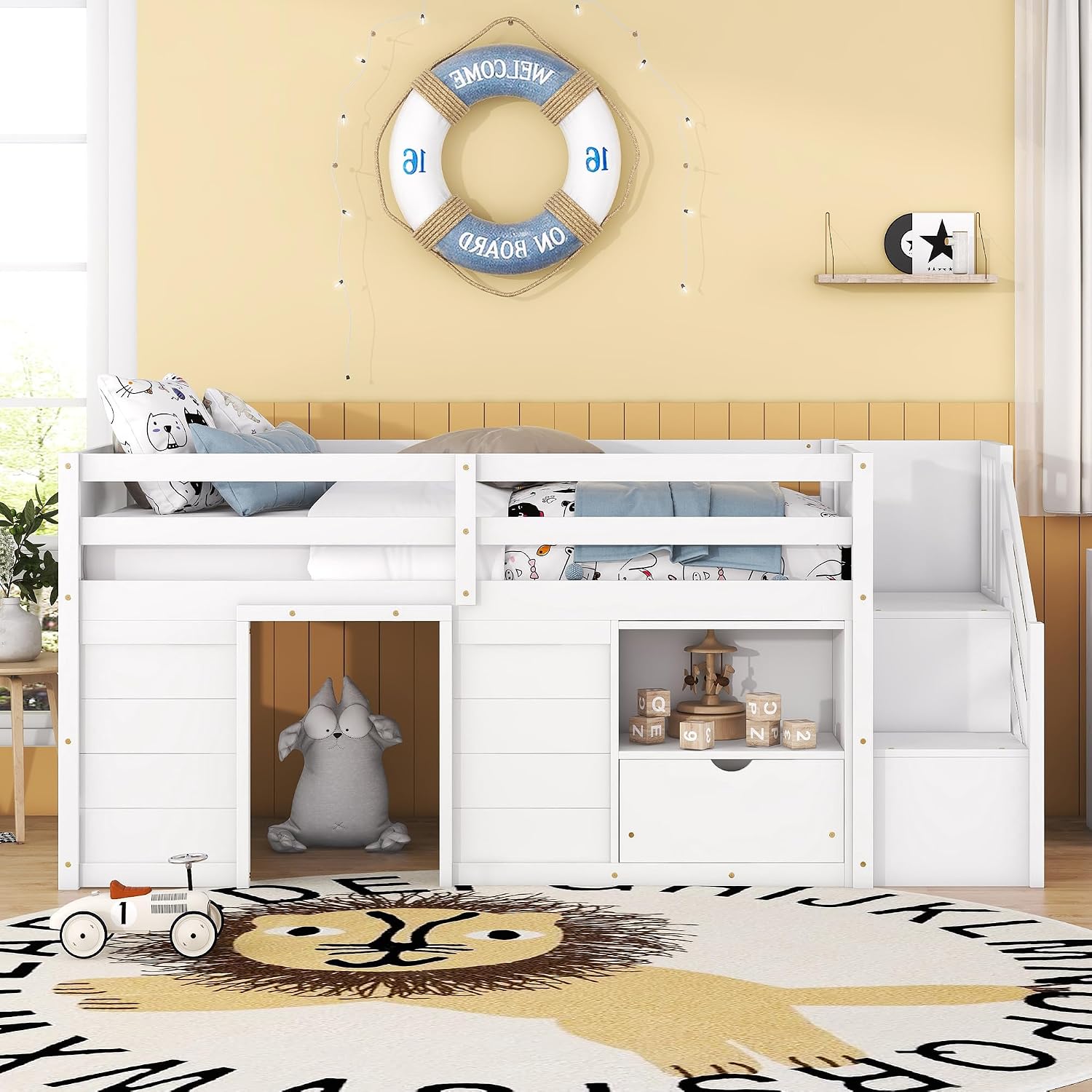 JIVOIT Twin Size Loft Bed with Bookshelf and Storage Drawer, Storage Staircase and Window Design, Wooden Low Loft Bed Frame with Full-Length Guardrail for Kids Teens (White, Bookshelf+Drawer 7)