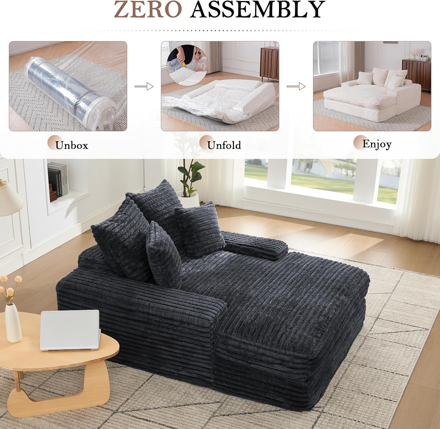 Oversized Chaise Lounge Chair Indoor, 62.6' Cloud Boneless Sleeper Couch Corduroy Upholstered Sofa Bed Deep Seat Comfy Reading Chair with 3 Pillows for Living Room Bedroom, Crey