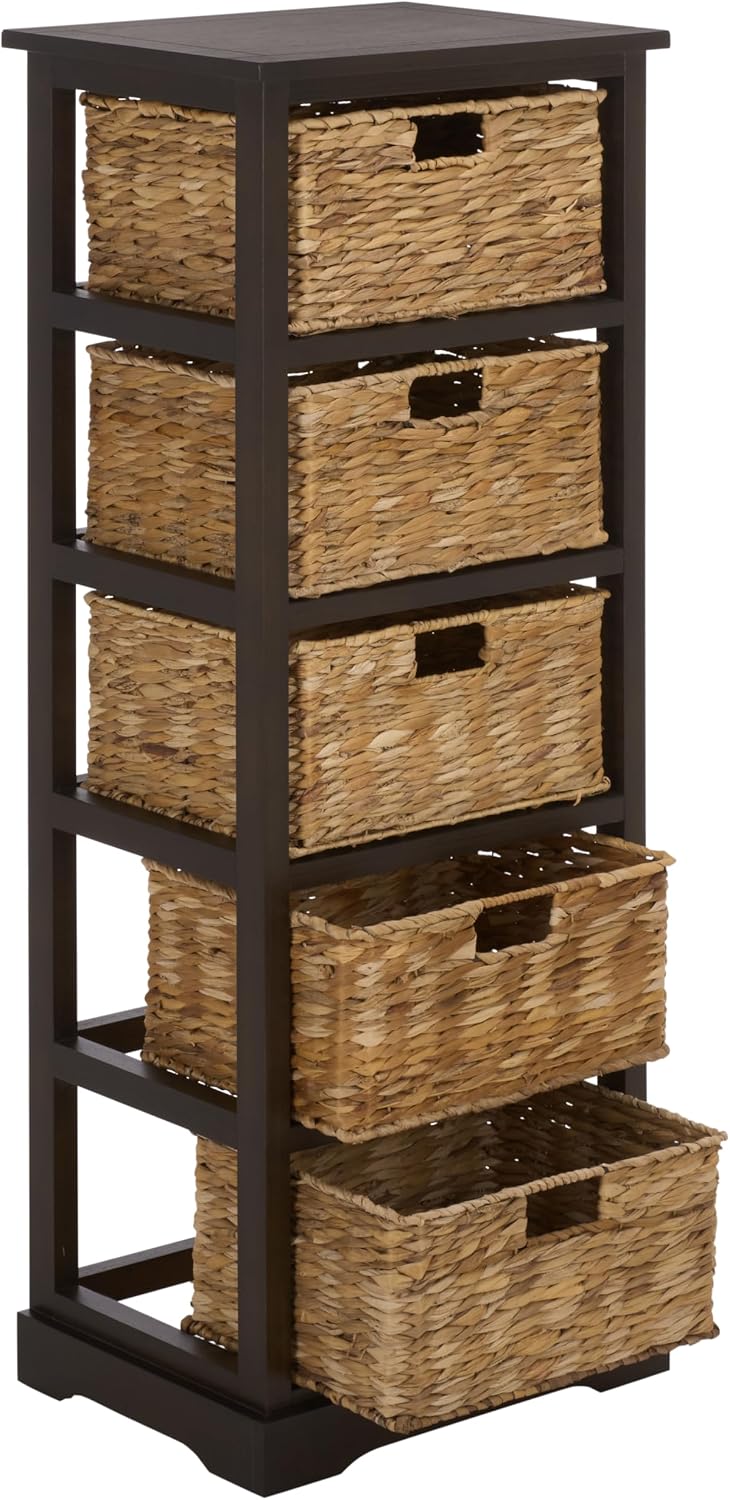 SAFAVIEH Furniture - Vedette 5-Basket Storage Tower - Dark Chocolate - Solid Wood - Coastal Basket Tower Design - Ideal for Entryway, Living Room, 17.5'W x 13.5'D x 46'H - Fully Assembled (AMH5739F)