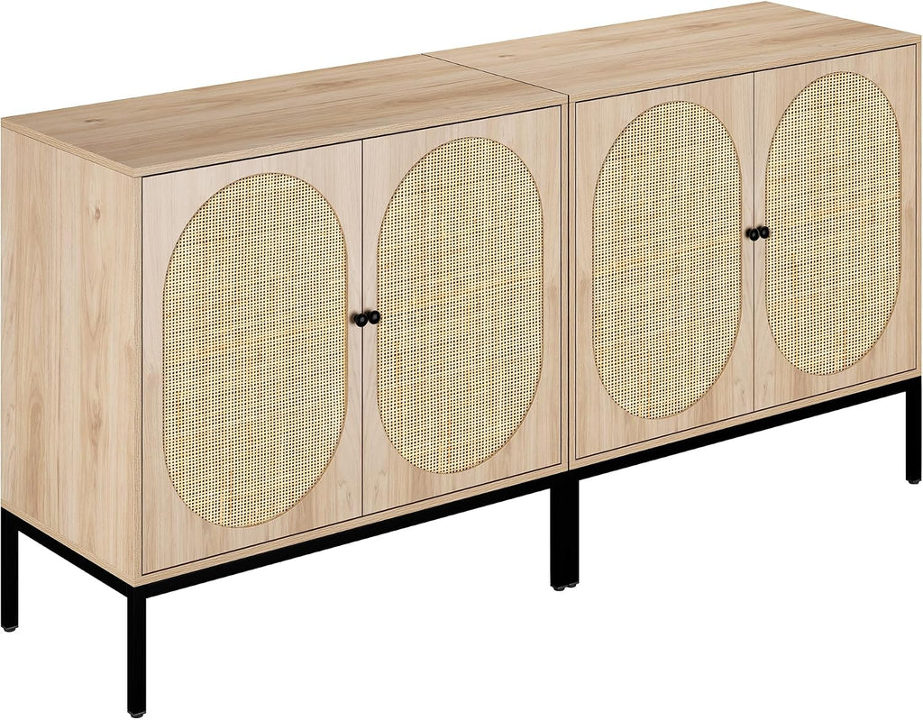 Yechen Set of 2 63' Sideboard Cabinet with Natural Rattan Hand-Woven Doors, Rattan Cabinet, Accent Buffet Storage Console Cane Credenza, for Living Room Entryway, Metal Legs/Natural