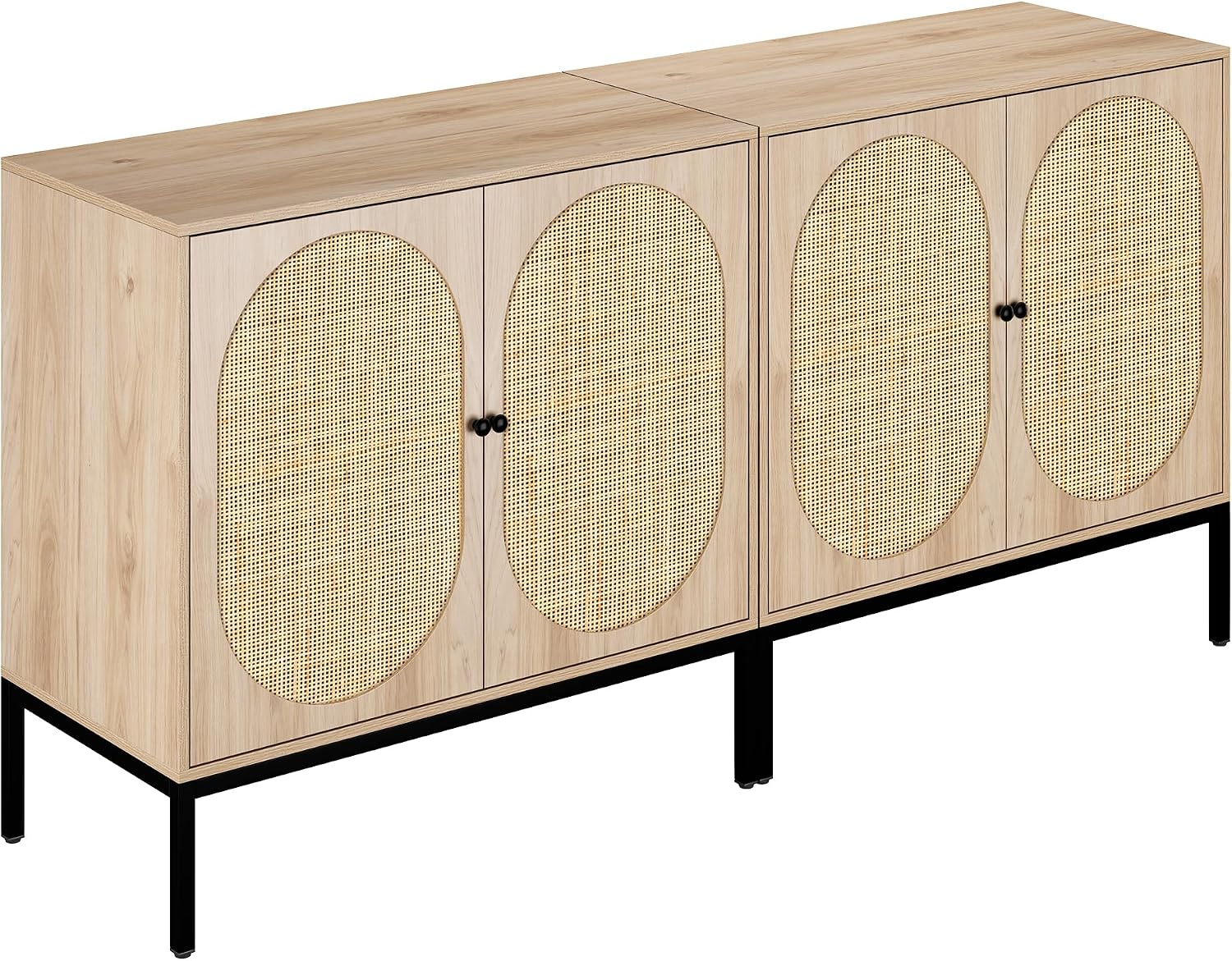 Yechen Set of 2 63' Sideboard Cabinet with Natural Rattan Hand-Woven Doors, Rattan Cabinet, Accent Buffet Storage Console Cane Credenza, for Living Room Entryway, Metal Legs/Natural
