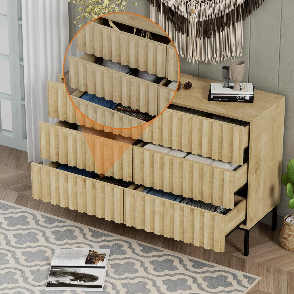 UEV Fluted Dresser for Bedroom with 6 Drawer, 47' Double Chest of Drawers with Metal Stand, Mid-Century Accent TV Stand, Wooden Closet Storage Organizer for Living Room, Hallway (Ivory White)