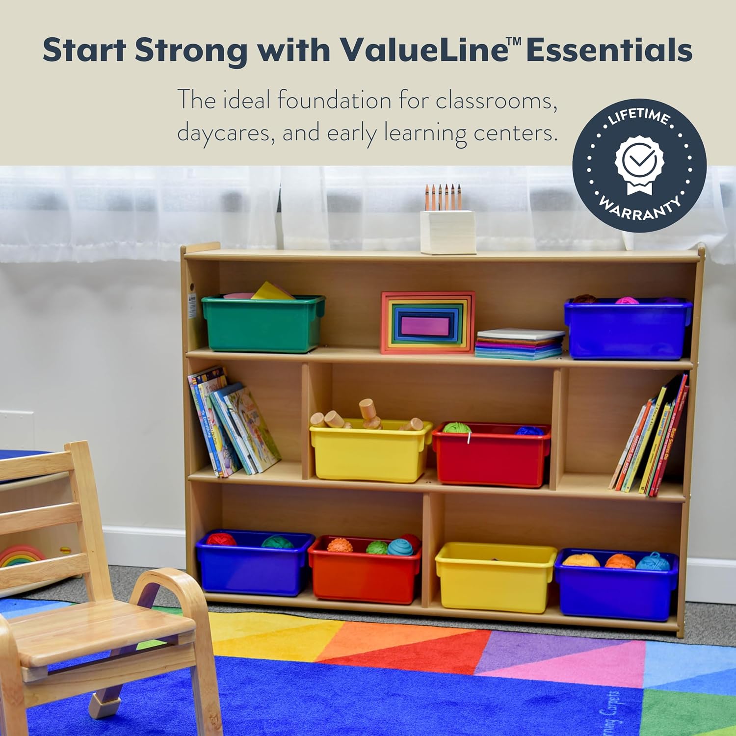 Children's Factory Value Line 3 Shelf Storage, 48' L x 36' H, Kids Bookshelf, Nursery Book Shelves for Classrooms, Playrooms, and Montessori Schools, Natural