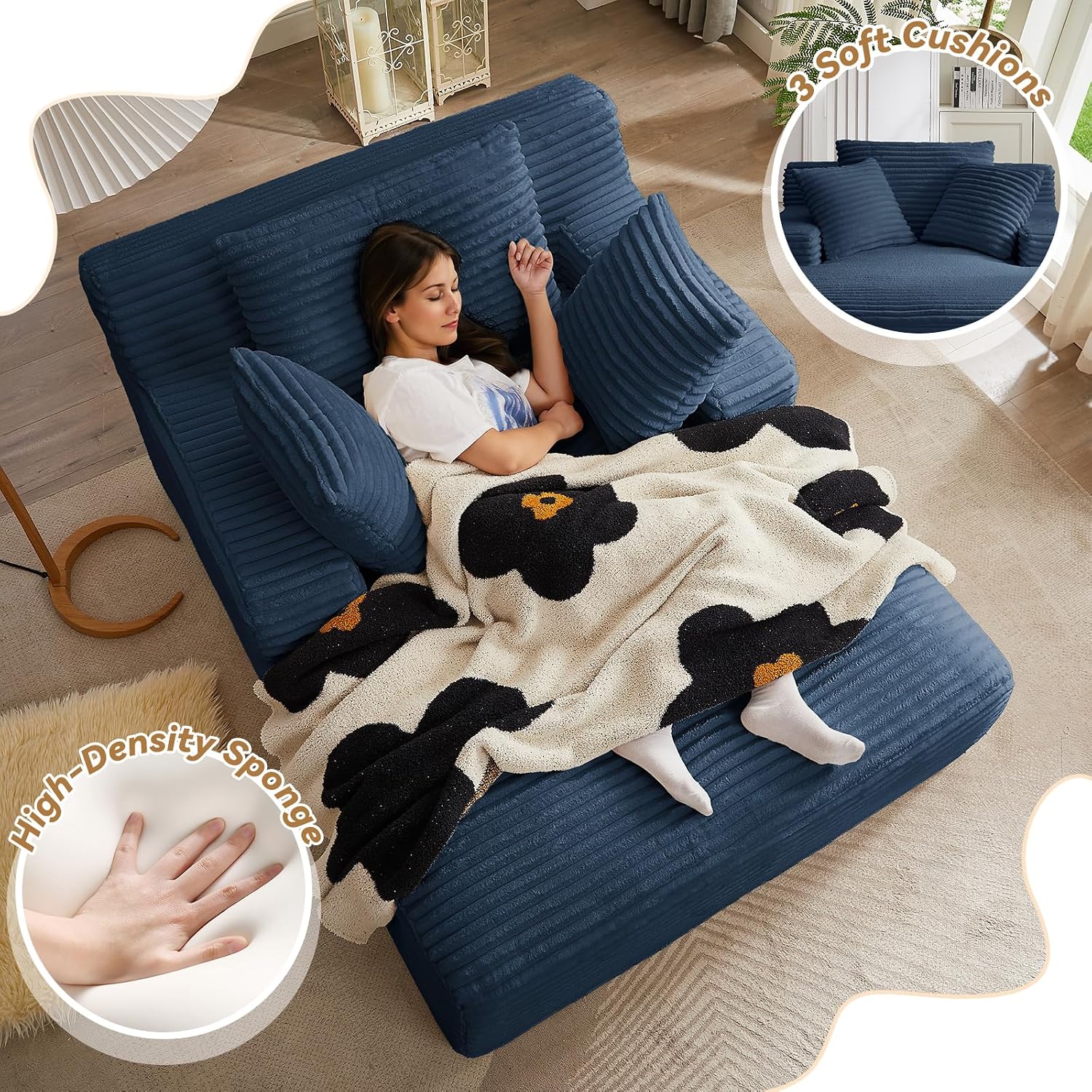 Oversized Chaise Lounge Chair Indoor, 66' Cloud Boneless Sleeper Couch Corduroy Upholstered Sofa Bed Deep Seat Comfy Reading Chair with 3 Pillows for Living Room Bedroom, Blue