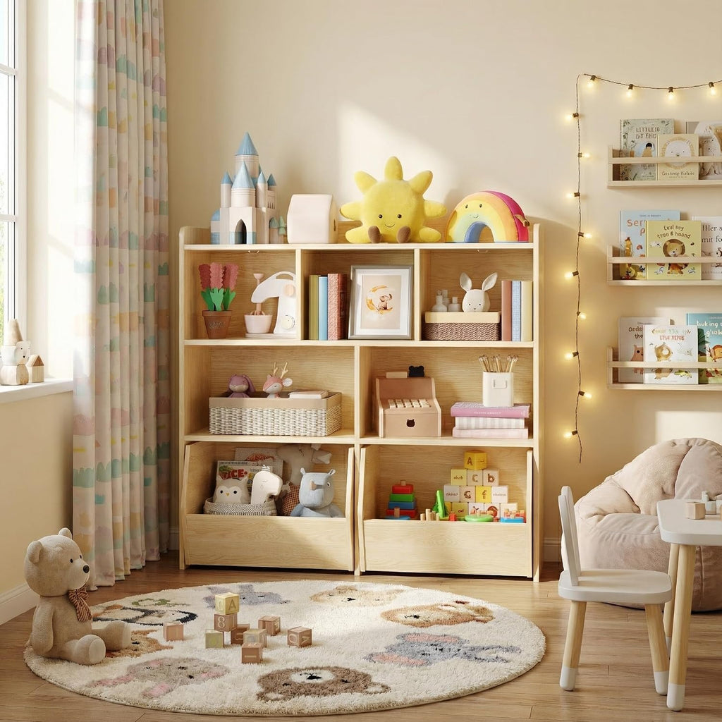 IDEALHOUSE Toy Storage Organizer with Movable Drawers, Kids Bookshelf with Hidden Wheels and 5 Open Cubbies, Multifunctional Storage Cabinet Chest for Playroom
