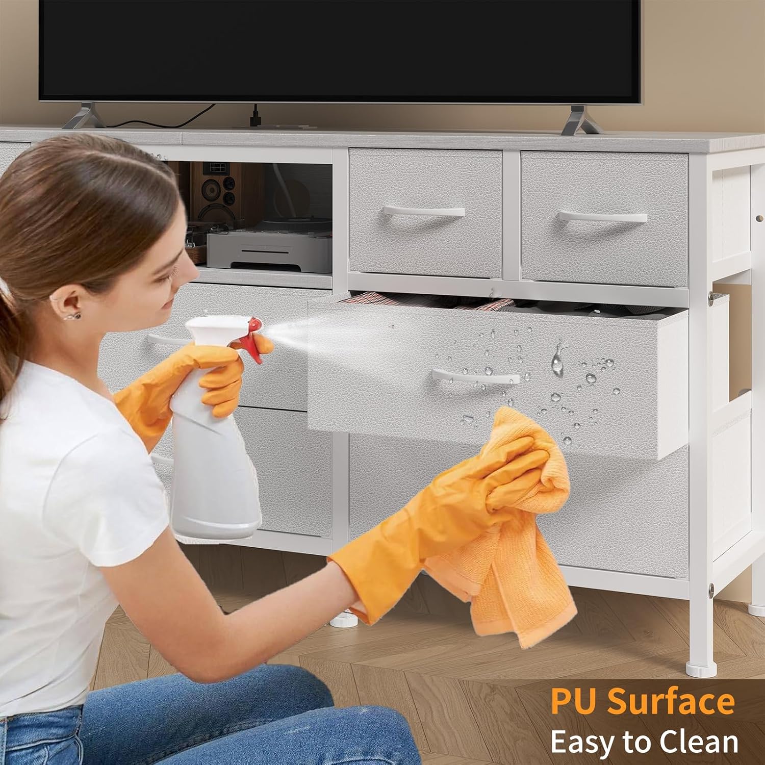 White Dresser for Bedroom with LED Lights and Power Outlets, 55' TV Stand with 10 Drawers & Open Shelves, Fabric Chest of Drawers with PU Finish, Metal Frame, Wood Top (White)