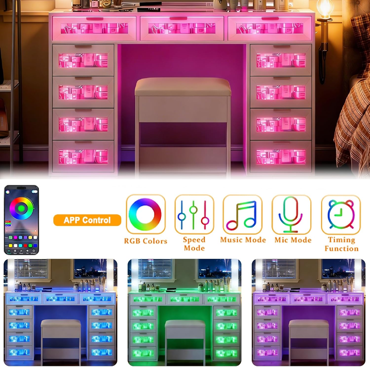 White Luxury Makeup Vanity with 11 Drawers & RGB Lights, Large Vanity Table with Padded Stool & 11 LED Bulbs, Vanity Desk with Power Station and Hair Dryer Holder, for Women Girls Bedroom.
