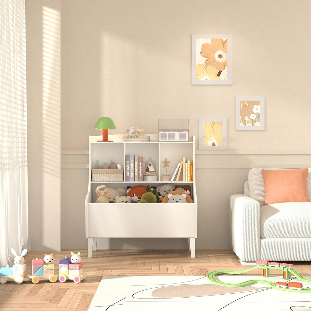 Kids Bookshelf and Toy Storage Organizer，Bamboo Bookcase，Fit for Children's Room, Playroom, Bedroom,Hallway, Kindergarten (White)