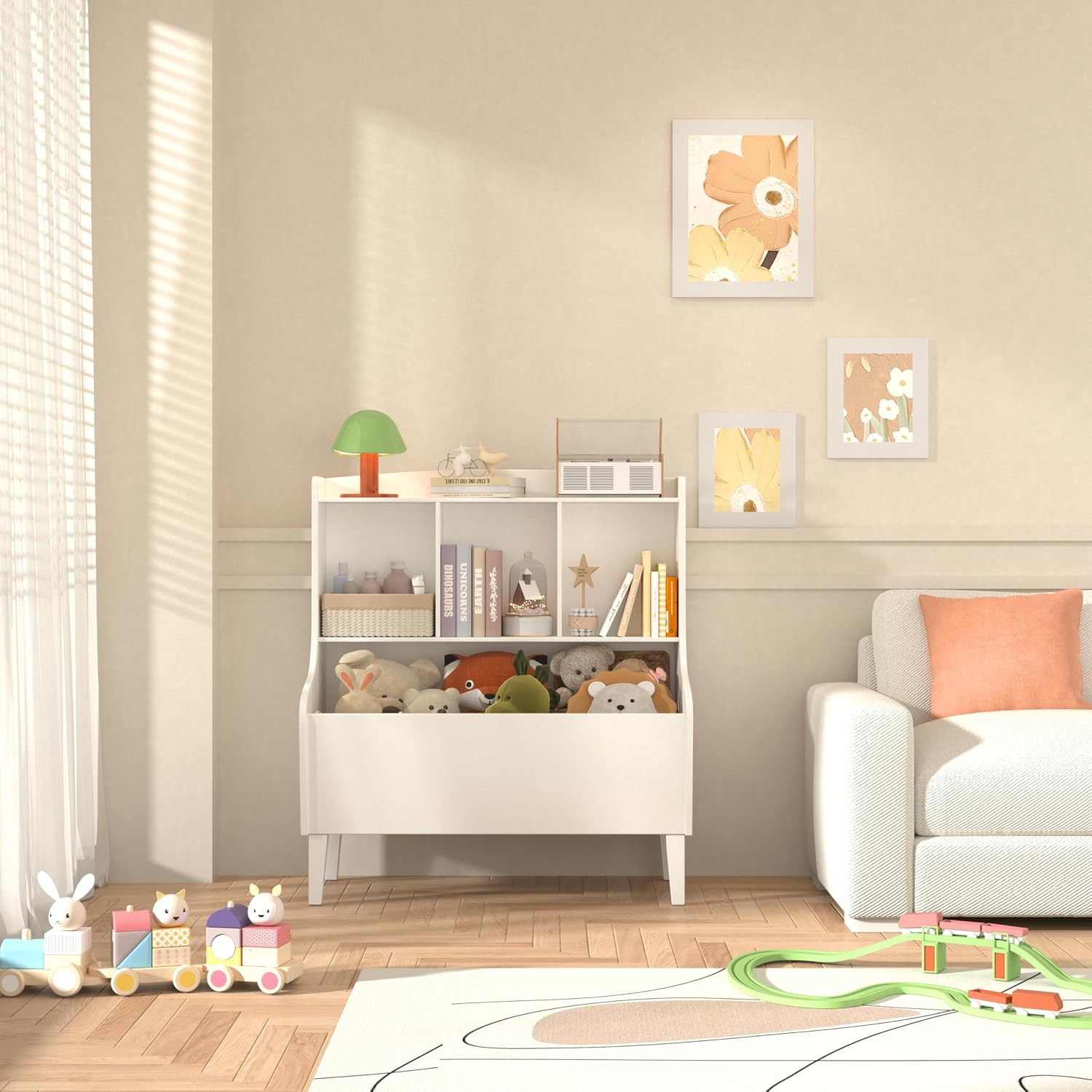 Kids Bookshelf and Toy Storage Organizer，Bamboo Bookcase，Fit for Children's Room, Playroom, Bedroom,Hallway, Kindergarten (White)
