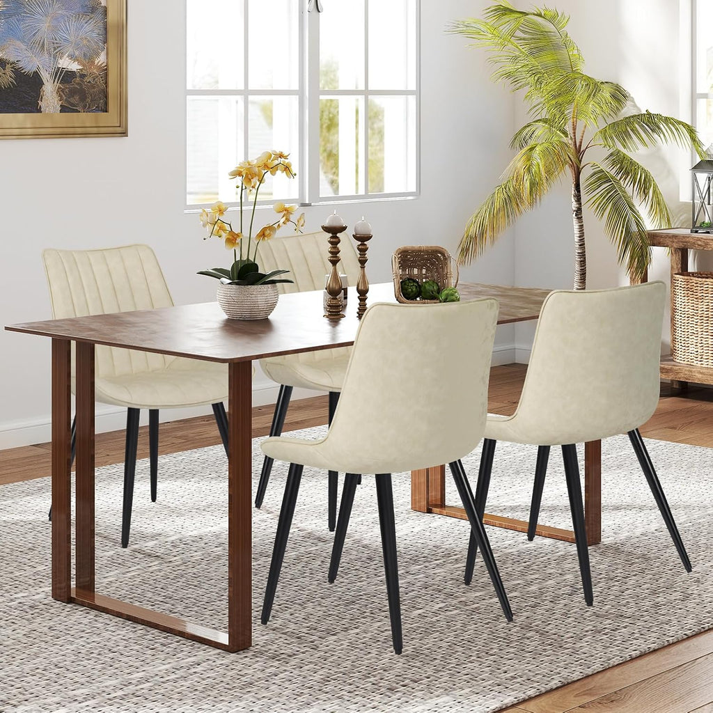 ECOTOUGE Dining Chairs Set of 4, Comfy Faux Leather Kitchen Chairs with Metal Legs, Mid Century Modern Chair for Bedroom, Living Room, Beige