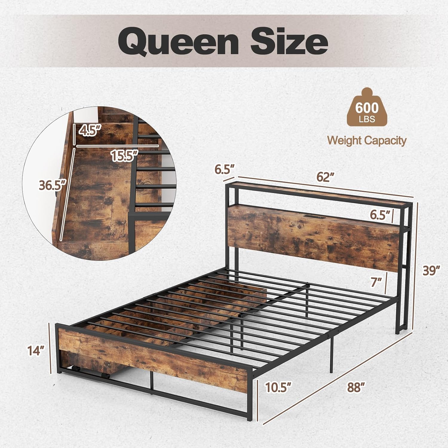 Giantex Queen Bed Frame with 2 Storage Drawers and Charging Station, Industrial Platform Bed Frame with 2-Tier Storage Headboard, Rustic Metal Slats Support Mattress Foundation, No Box Spring Needed