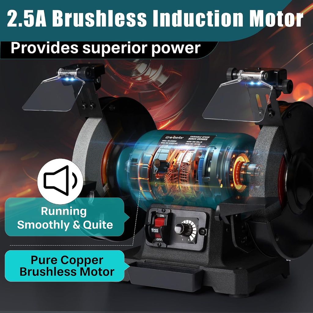 6-Inch Variable Speed Bench Grinder with Grinding Wheel Dresser, 1725–3450 RPM 2.5 Amp Brushless Induction Motor, LED Work Light, Eye Shields, Cast-Iron Base for Sharpening, Grinding & Polishing
