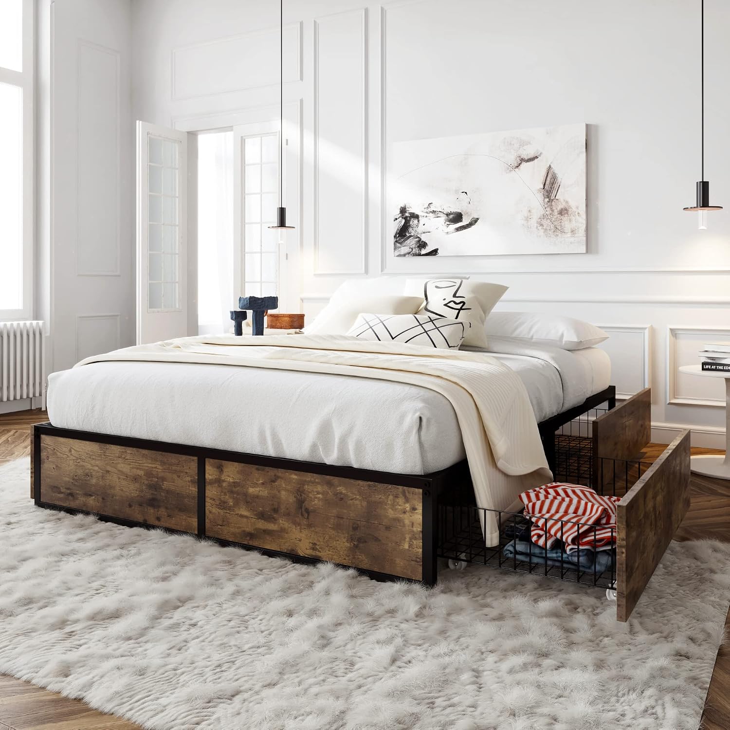 SHA CERLIN Queen Platform Bed Frame with Storage Drawers, Sturdy Metal and Wood Construction, Modern Design, No Box Spring Needed, Easy Assembly