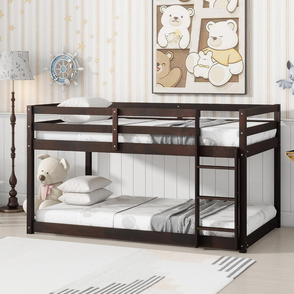 Ball & Cast Twin Over Twin Bunk Bed,Solid Rubber Wooden Low Floor Platform Bed with Ladder and Full Length Guardrail,Slat Support,Bedroom Furniture for Girls Boys,Espresso
