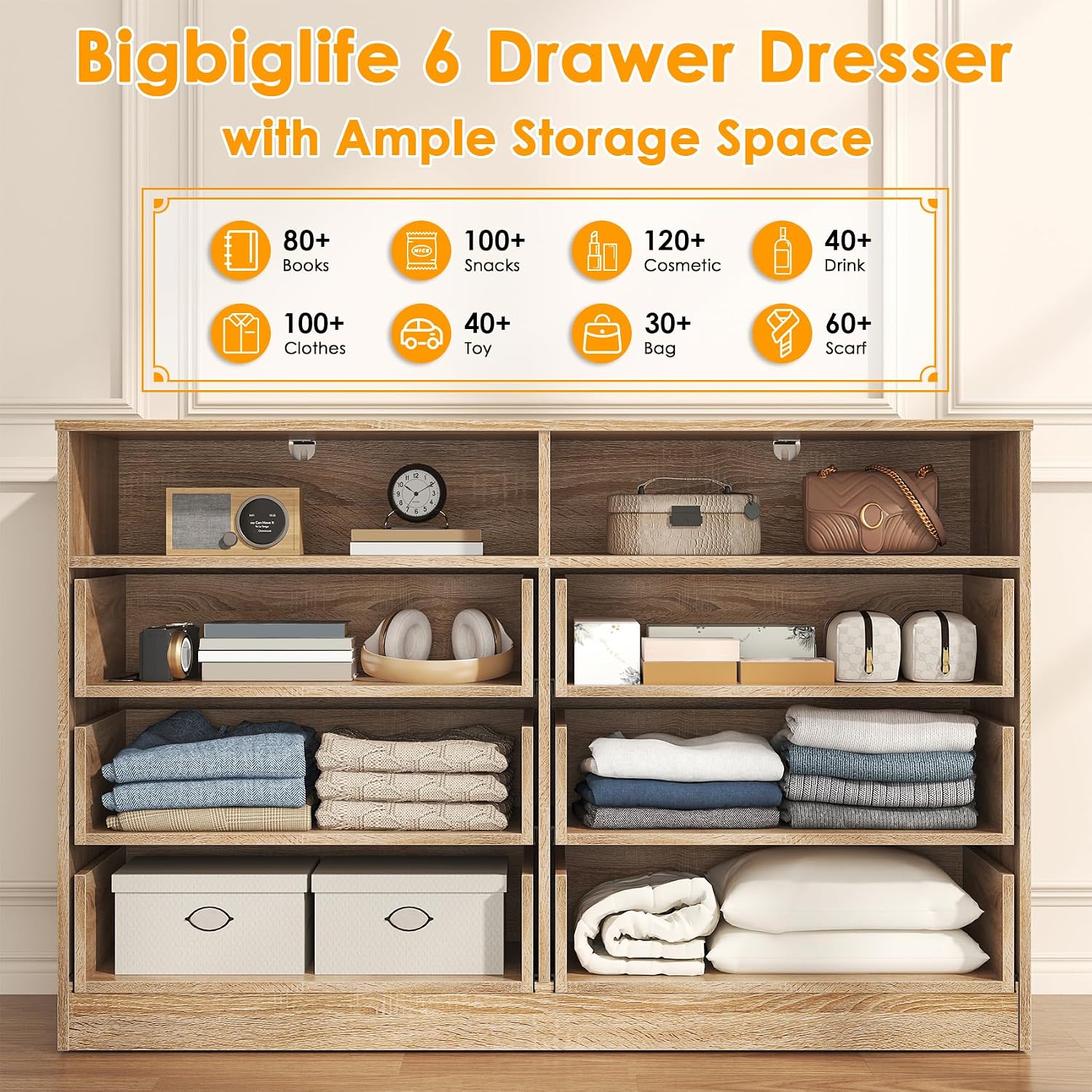 Bigbiglife 6 Drawers Dresser for Bedroom Wooden Drawer with Open Storage Cubby, Double Wide Dresser Organizer for Bedroom, Living Room, Entryway, Hallway (Light Oak)