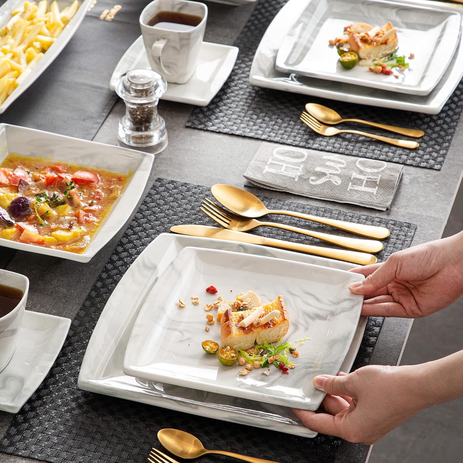 MALACASA Dinnerware Sets, 32 Pieces Porcelain Plates and Bowls Sets for 6, Marble Grey Dishes with Plates and Bowls, Cups and Saucers, Side Dish Plates, Square Dinner Set, Series Blance