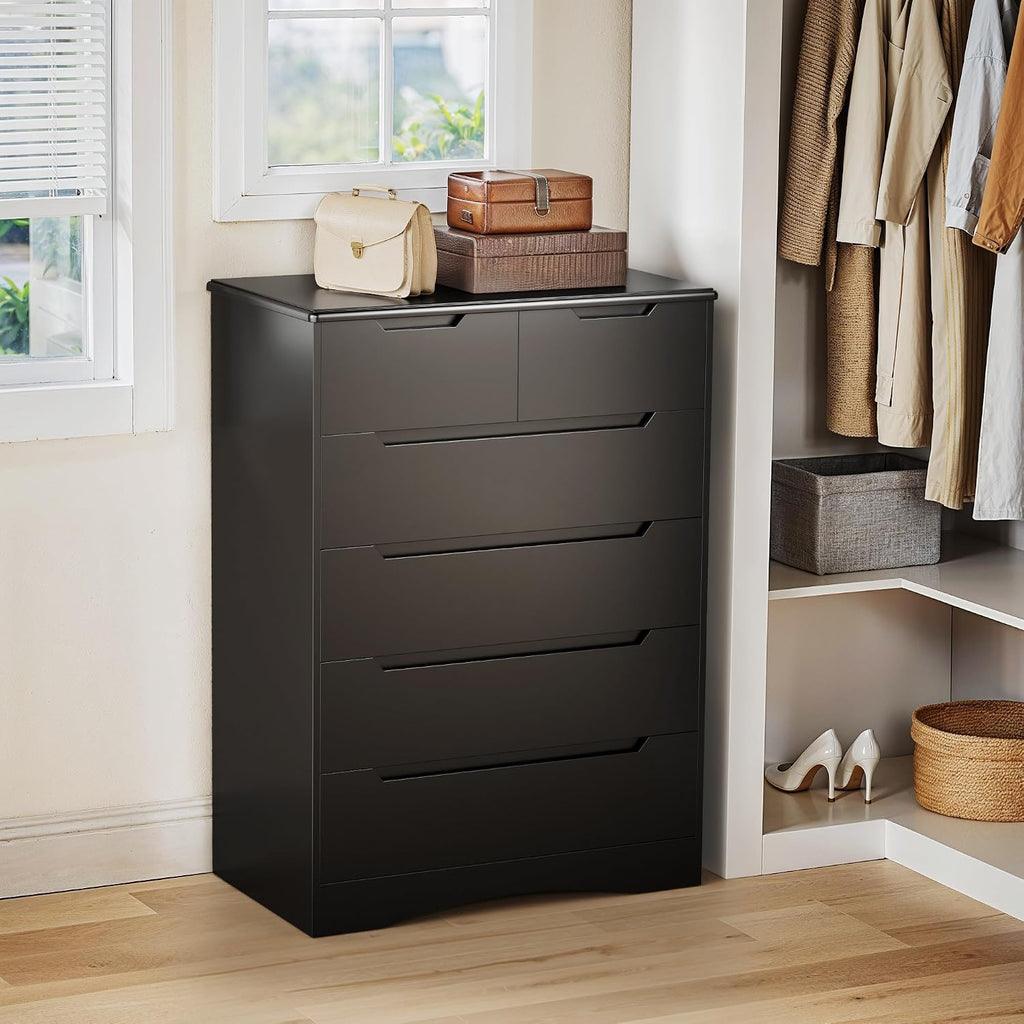 Gizoon 6 Drawer Dresser, Chest of Drawers with Large Storage, Black Dressers for Bedroom, Tall Dresser and Organizer with Anti-Tripping, Wooden Cabinet for Office, Living Room, Entryway