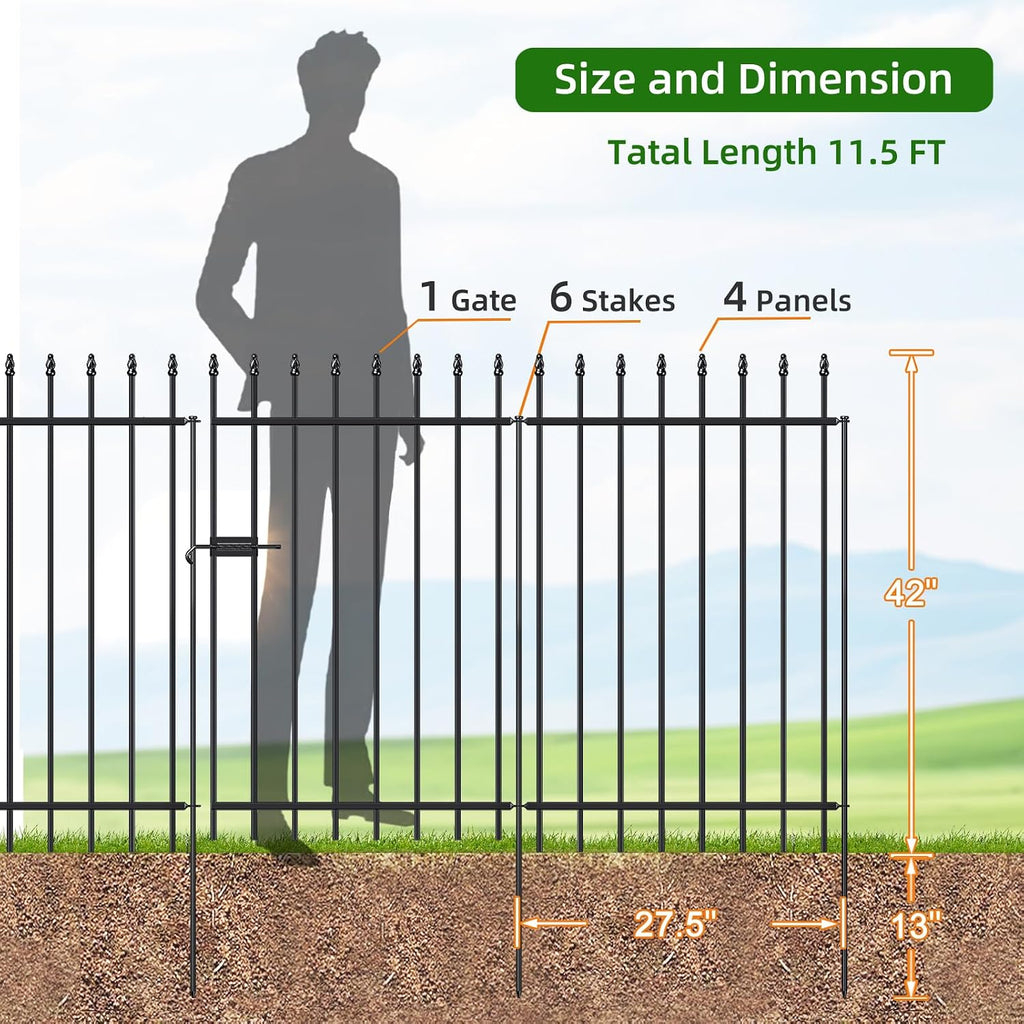 FOREHOGAR Metal Garden Fence with Gate 42 in H x 11.5 ft L, 1 Gate + 4 Panels Border Fence Panels Animal Barrier for Dogs, No Dig Garden Fencing for Yard Patio Flower Bed Lawn Outdoor, Black