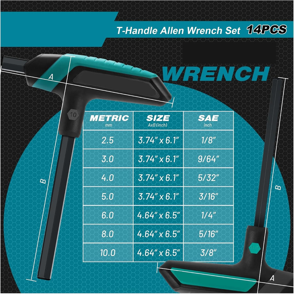 14pcs T-handle Wrench Kit Metric 2.5-10mm & SAE 1/8''-3/8'' Hex Key Long Hex Key Wrench Auto Bike Repair Tools