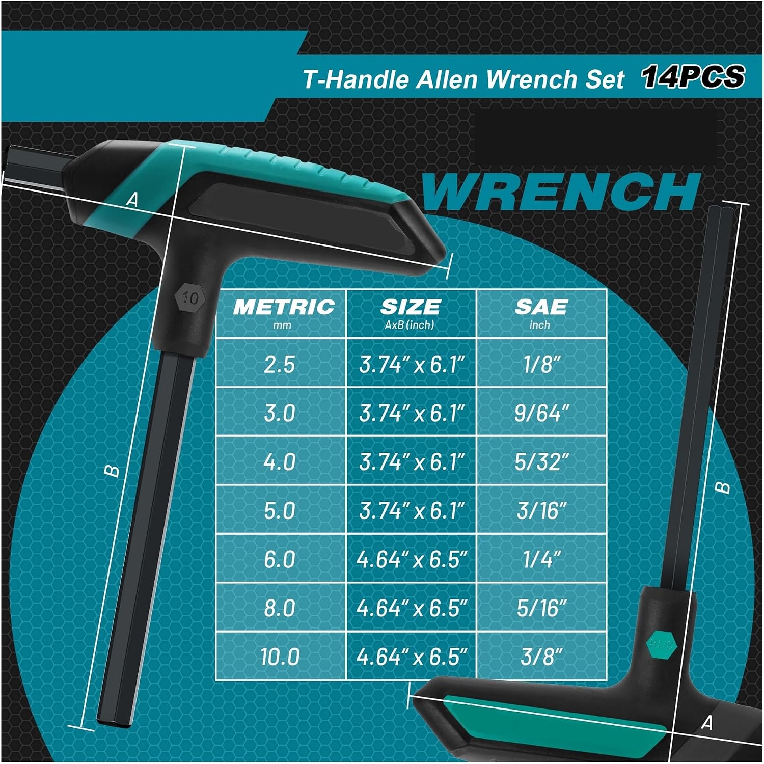 14pcs T-handle Wrench Kit Metric 2.5-10mm & SAE 1/8''-3/8'' Hex Key Long Hex Key Wrench Auto Bike Repair Tools
