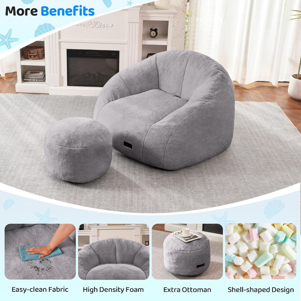 HABUTWAY Bean Bag Chair, Giant Bean Bag Chairs for Adults with Ottoman, Comfy Faux Fur Shell-Shaped Bean Bag Couch, Sofa Chair for Living Room, Bedroom, Grey