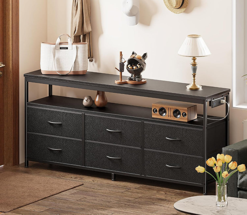 Huuger LED TV Stand for Bedroom, 55 Inch Fabric Dresser with Power Outlets, Entertainment Center for 60, 55, 50 Inch TV, 6 Drawer Dresser for Bedroom, Chest of Drawers with Shlef, PU Leather, Black