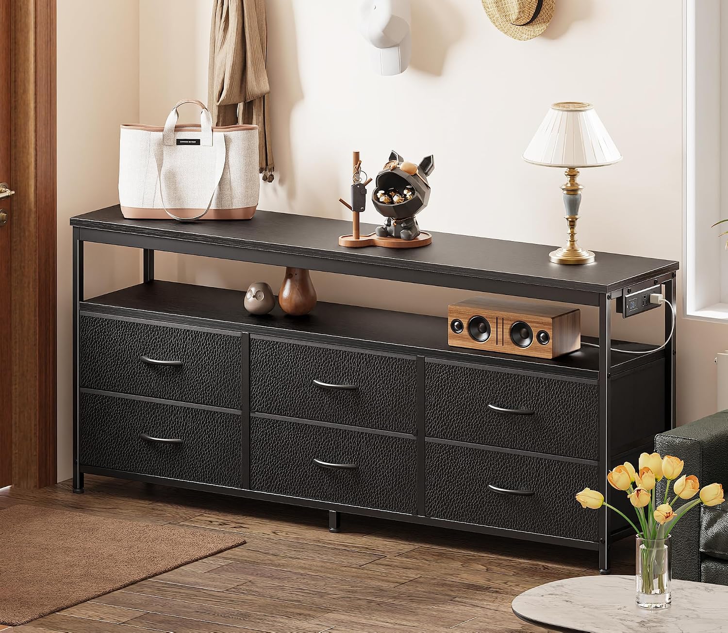 Huuger LED TV Stand for Bedroom, 55 Inch Fabric Dresser with Power Outlets, Entertainment Center for 60, 55, 50 Inch TV, 6 Drawer Dresser for Bedroom, Chest of Drawers with Shlef, PU Leather, Black