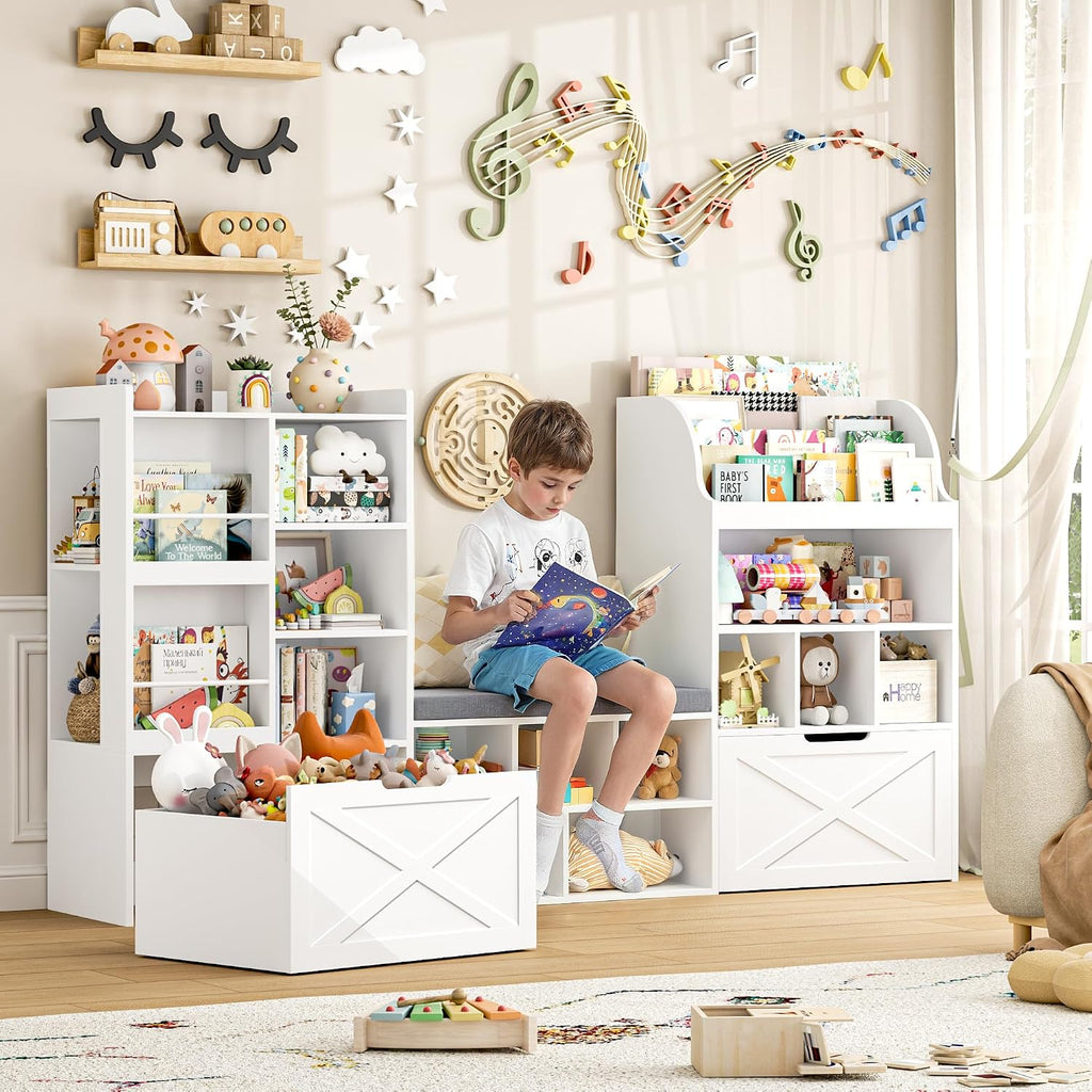 FINETONES 75' W Kids Bookshelf with Reading Nook, Large Toy Storage Toy Organizer with Seat Cushion and 2 Movable Drawers, Kids Reading Nook Kid Bench for Playroom Living Room, White