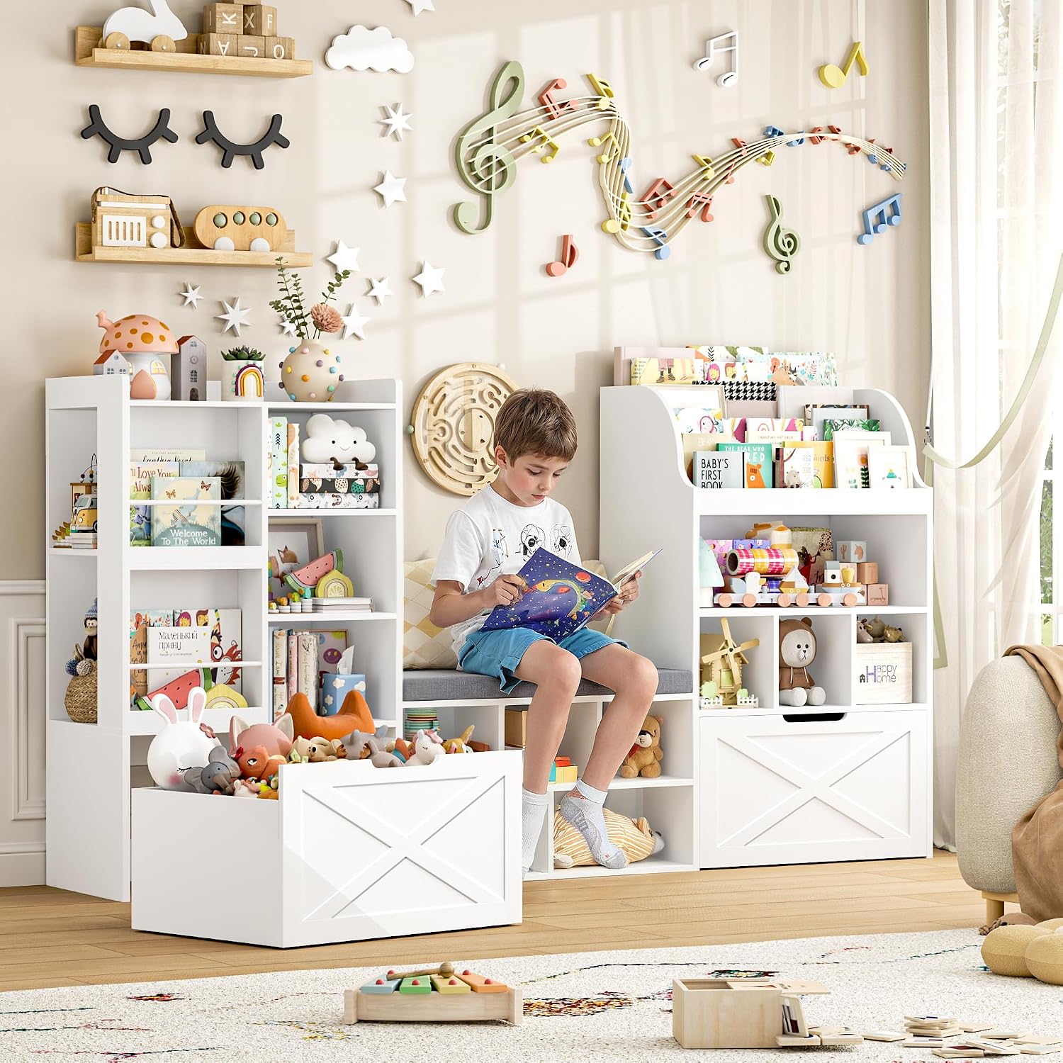 FINETONES 75' W Kids Bookshelf with Reading Nook, Large Toy Storage Toy Organizer with Seat Cushion and 2 Movable Drawers, Kids Reading Nook Kid Bench for Playroom Living Room, White
