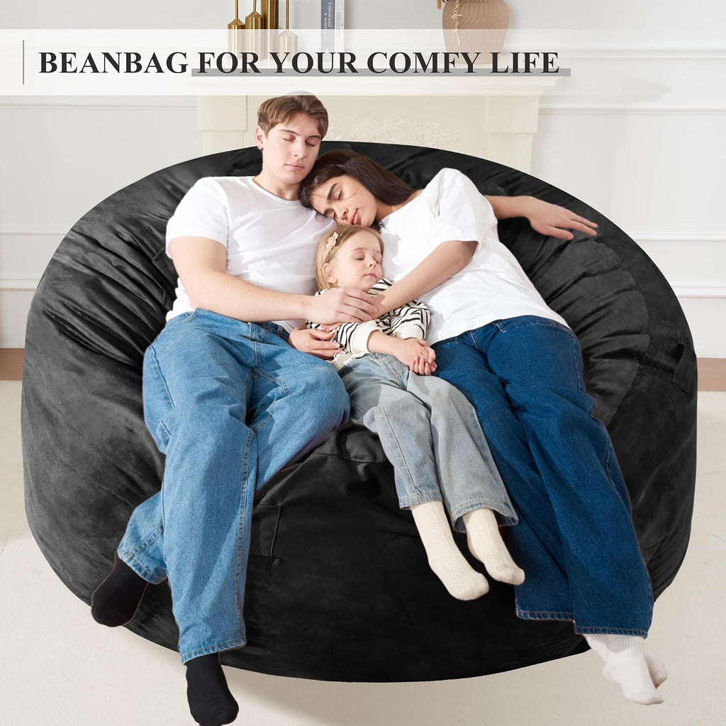 Homguava 6FT Bean Bag Chair Giant BeanBag with Memory Foam Filled, Large Bean Bag Chairs for Adults, Adult Bean Bag Chair with Dutch Velvet Cover for Living Room Bedroom-Black