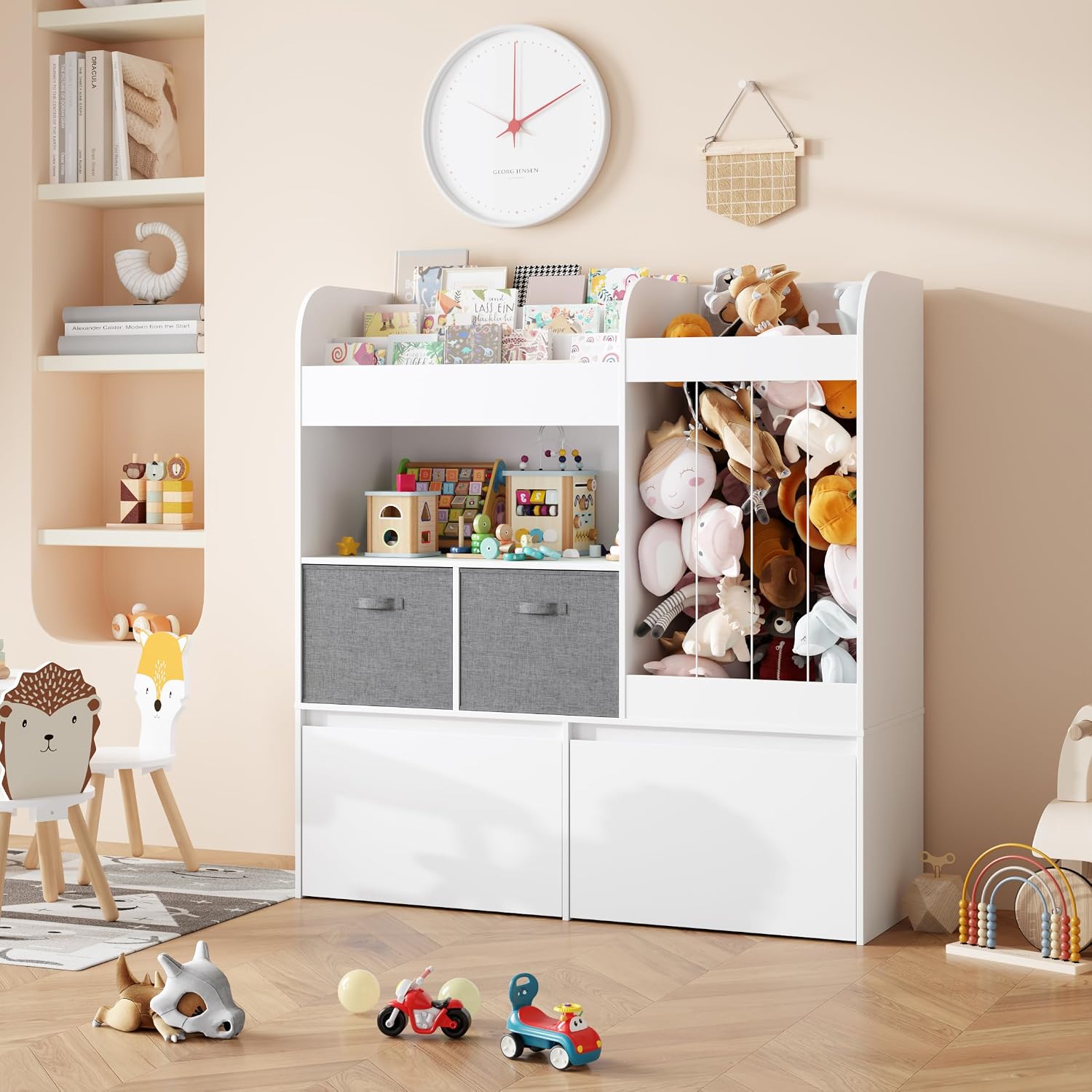 42.9'' Toy Storage, Large Stuffed Animal Holder with Toy Chest and Play Mat, Toy Organizer with Kids Bookshelf, Wooden Organization with 2 Movable Drawers for Kids Room Bedroom Playroom,White