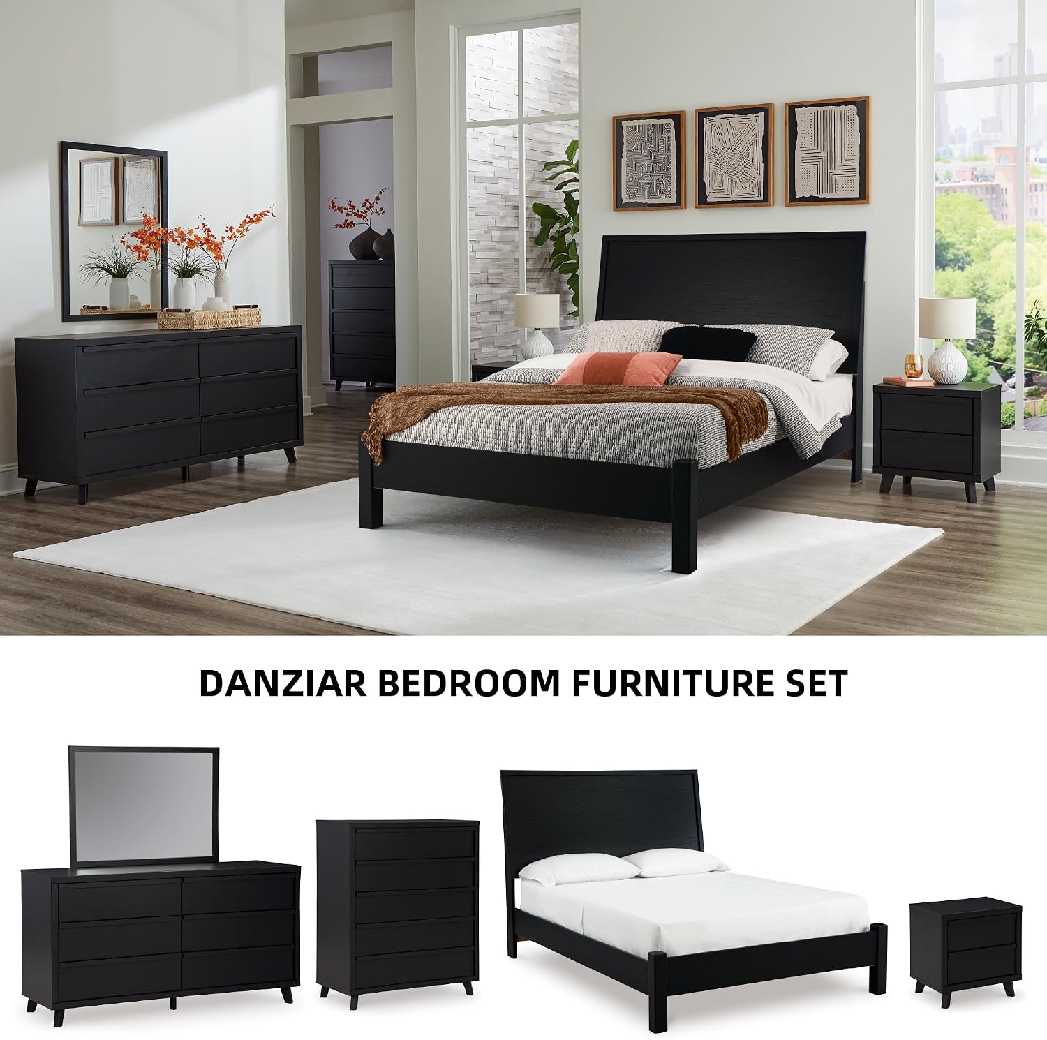 Signature Design by Ashley Danziar Mid-Century Modern 6-Drawer Dresser and Mirror with Safety Stop, Black