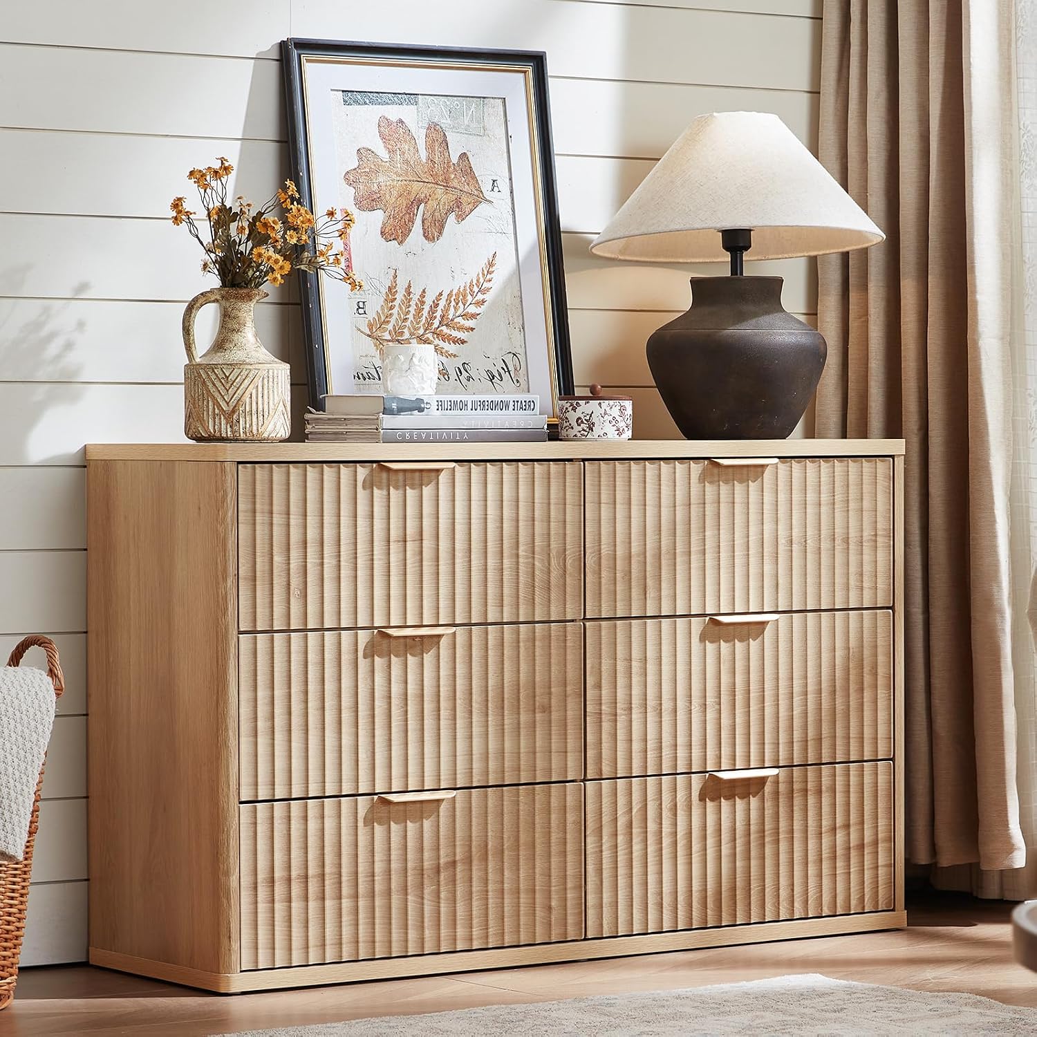 LEYAOYAO Fluted 6 Drawers Dresser for Bedroom, 48' Wide Modern Chest of Drawers with Metal Handle, Natural Curved Profile Farmhouse Closet Organizer Wood Dressers TV Stand for Living Room, Hallway