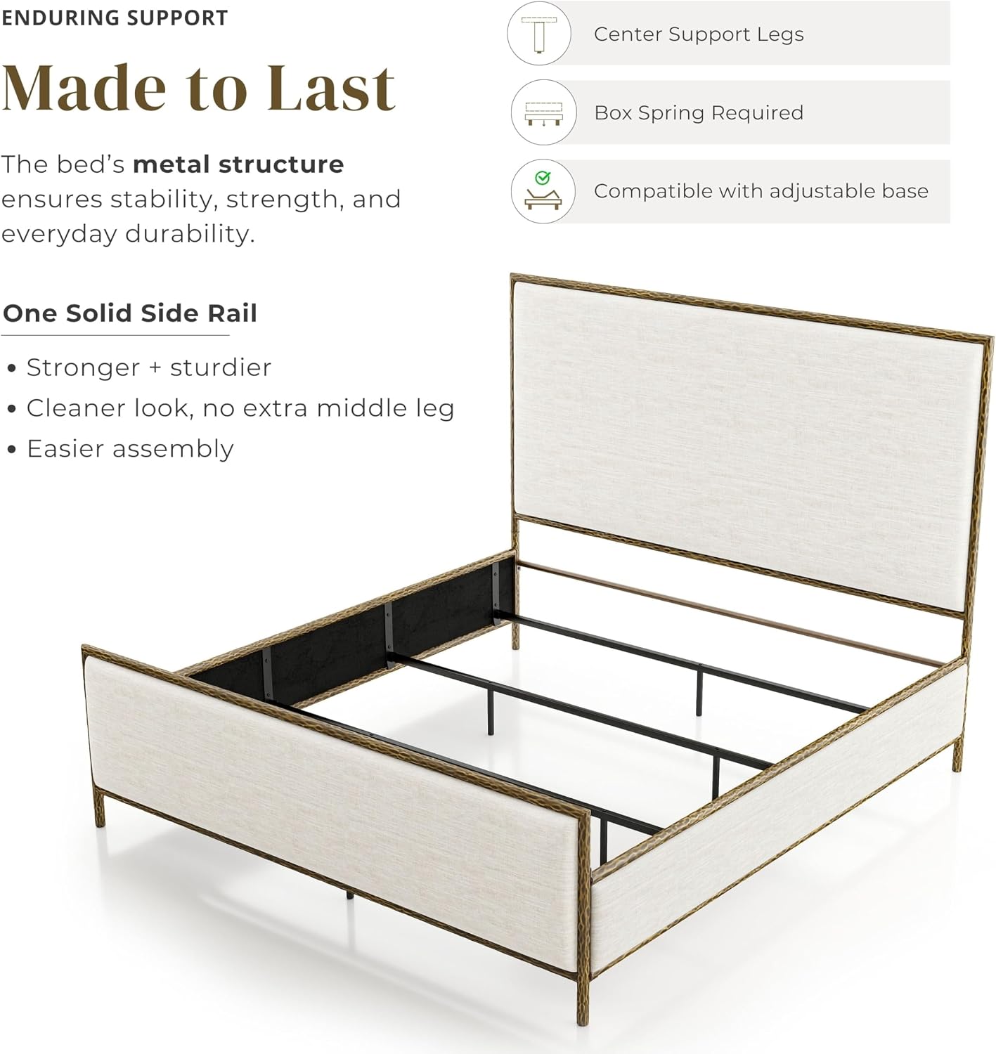 24/7 Shop at Home Lalia Hammered Metal 3-Piece Bedroom Collection, Upholstered Bed Frame with Beige Fabric Headboard, Forged Steel and 1-Shelf Nightstands, Foundation Required, Full, Matte Gold