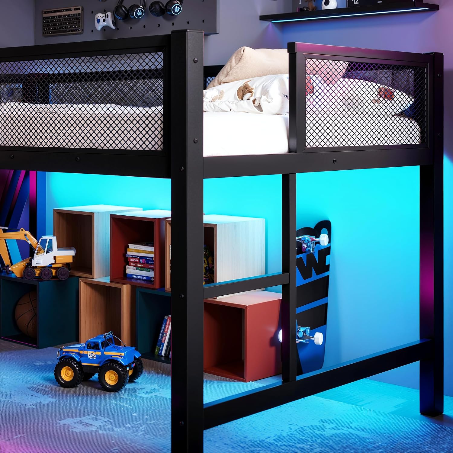 Twin XL Size Gaming Loft Bed with Desk of X-Shaped Leg, LED Lights & USB Ports, Space-Saving Low Metal Loft Bed Frame with Ladder & Mesh Guardrail for Dorm, Bedroom & Gaming Setups (Black-03, Twin XL)