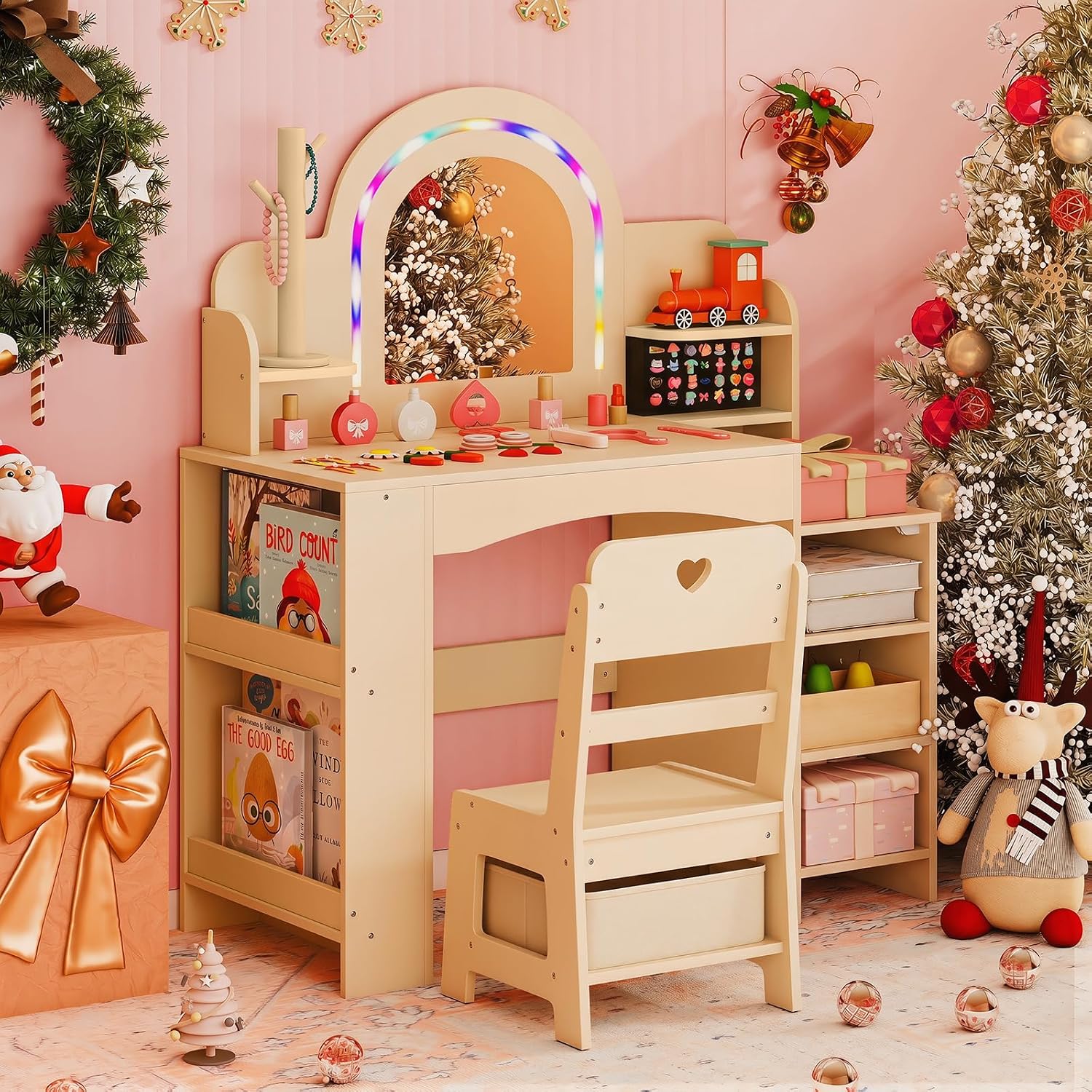 Costzon Kids Vanity, Girls Vanity Set with Lighted Mirror, Bookshelf, Jewelry Storage, Toddler Makeup Vanity Desk Dressing Table, Wooden Kids Vanity Table and Chair Set (Natural)