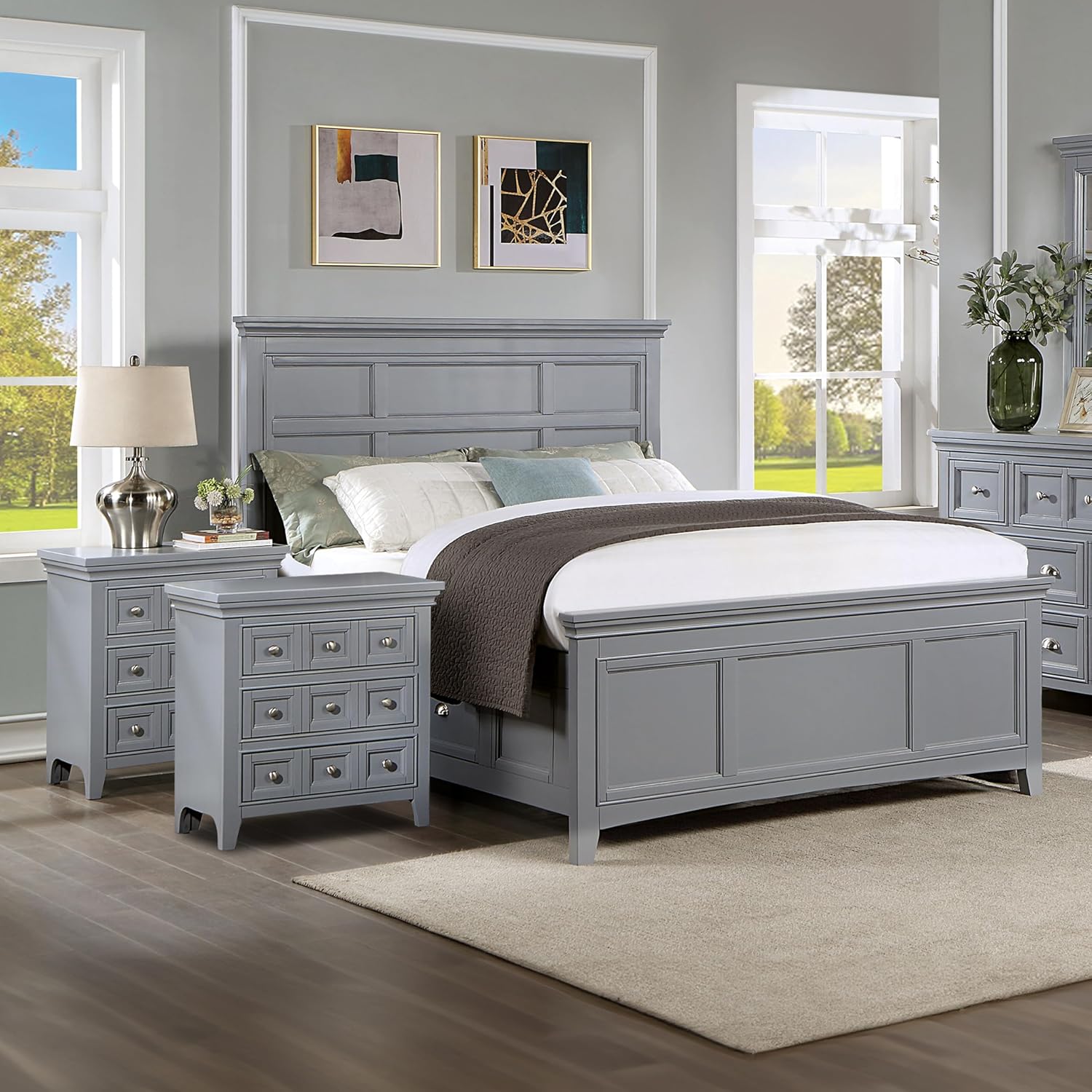 Furniture of America Zinnia Transitional Storage Wood 3-Piece Bedroom Set, Bed and 2 Nightstands, No Box Spring Required, Full-Size, Gray