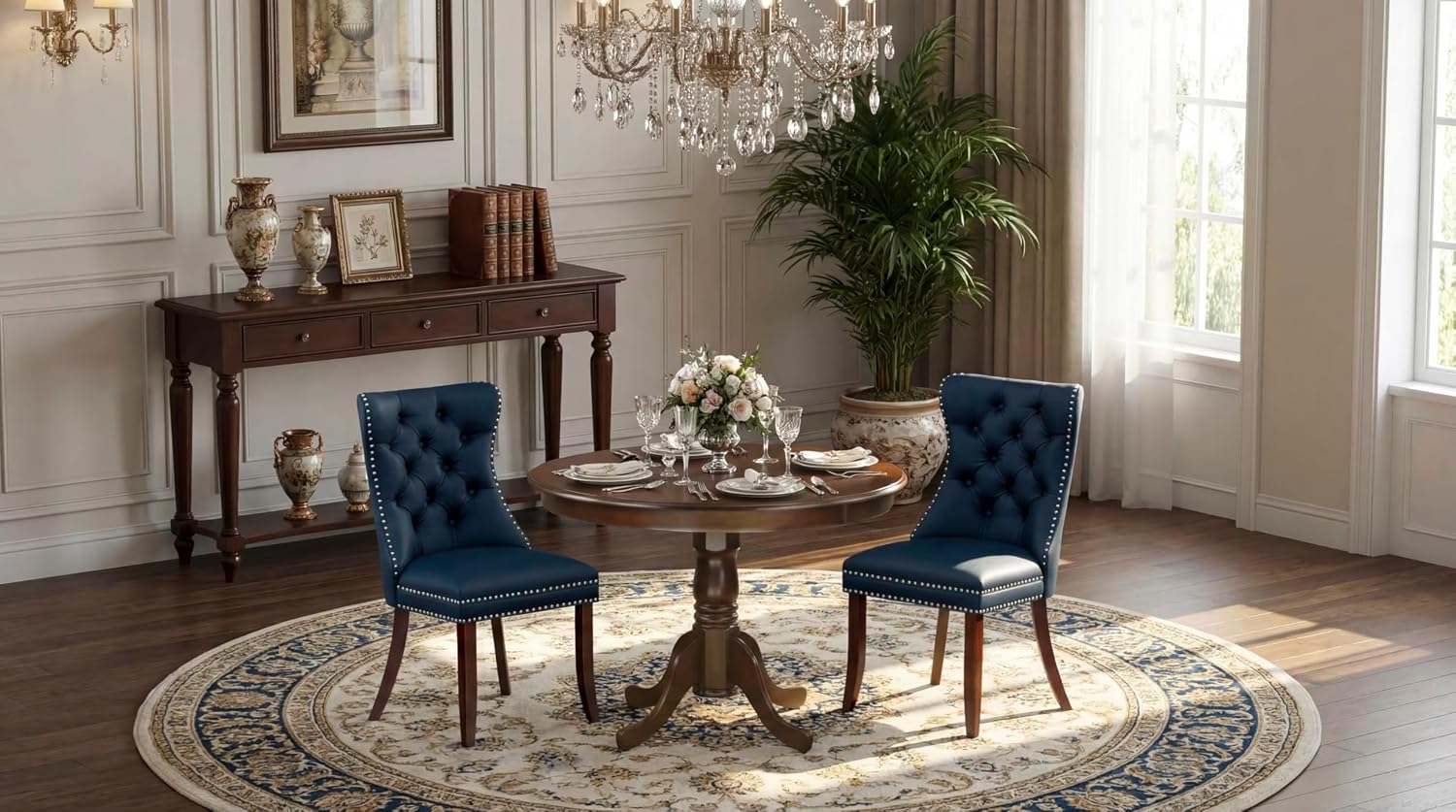 East West Furniture HLDA3-MAH-29 3 Piece Dining Set for Small SpacesIncludes a Round Kitchen Table with Pedestal and 2 Polyester Fabric Padded Chairs, 42x42 Inch, Mahogany