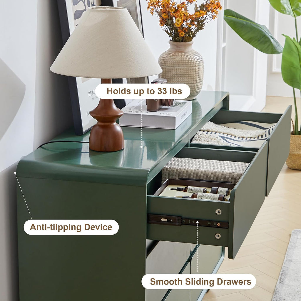AVZEAR Modern 6 Drawer Green Dresser for Kids Bedroom, 48' Wide Wooden Dresser Chest of Drawers, Handle Free & Curved Profile Design, Mid Century Closet Clothes Storage Organizer for Living Room