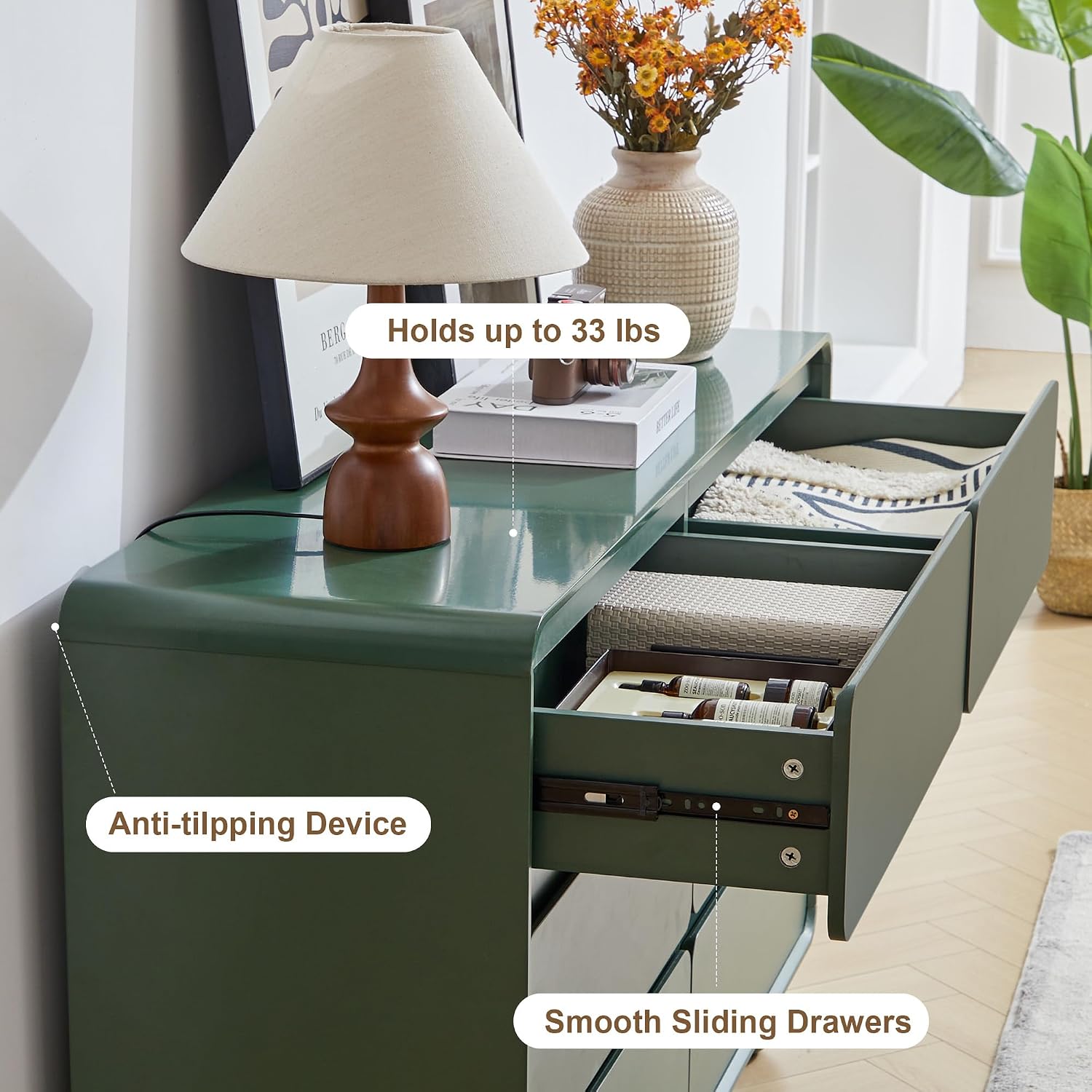 AVZEAR Modern 6 Drawer Green Dresser for Kids Bedroom, 48' Wide Wooden Dresser Chest of Drawers, Handle Free & Curved Profile Design, Mid Century Closet Clothes Storage Organizer for Living Room