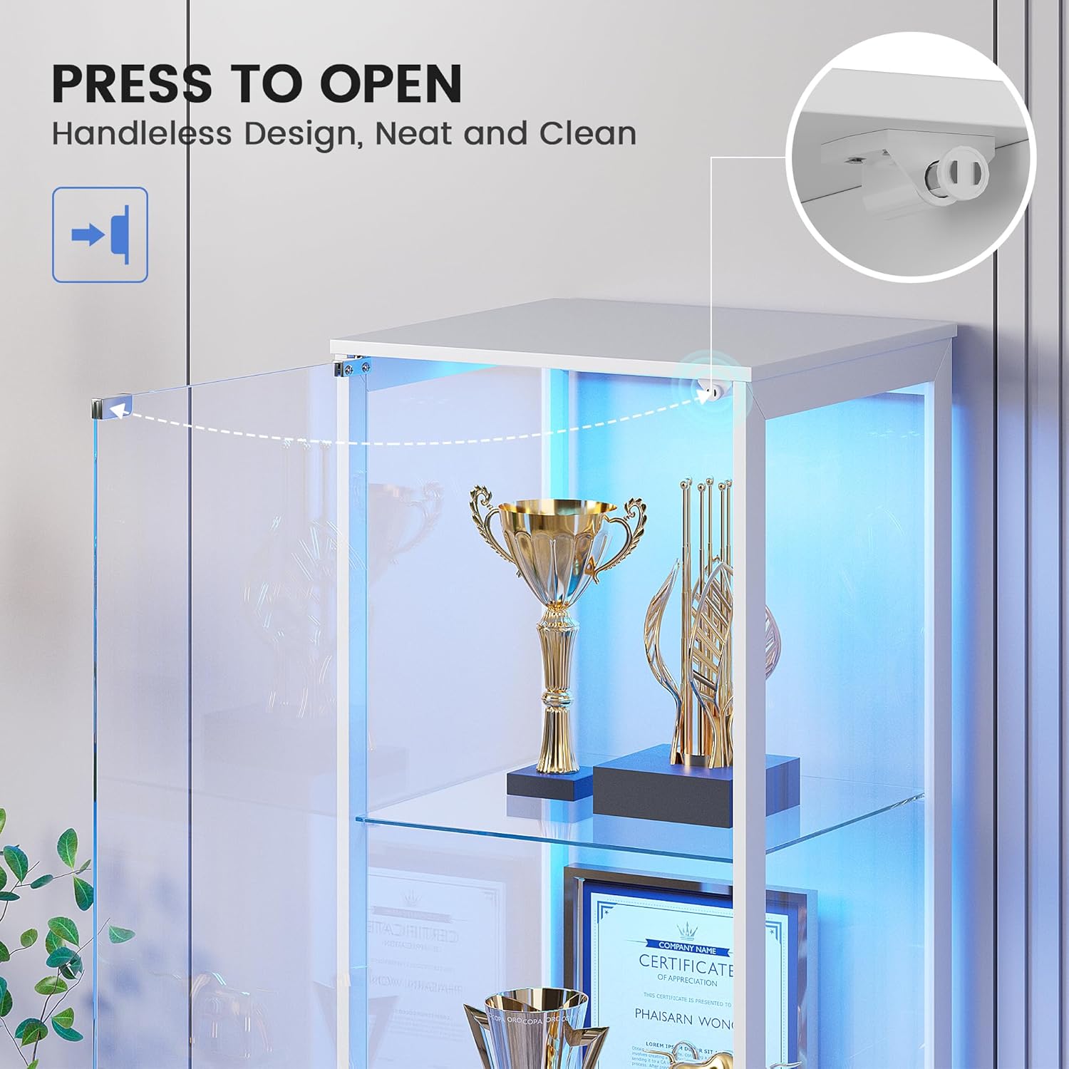 Glass Display Cabinet with Doors, 65' Tall 4-Tier Curio Display Case with 3 Color Lights and Human Body Sensor, Bookcase for Collectibles, White